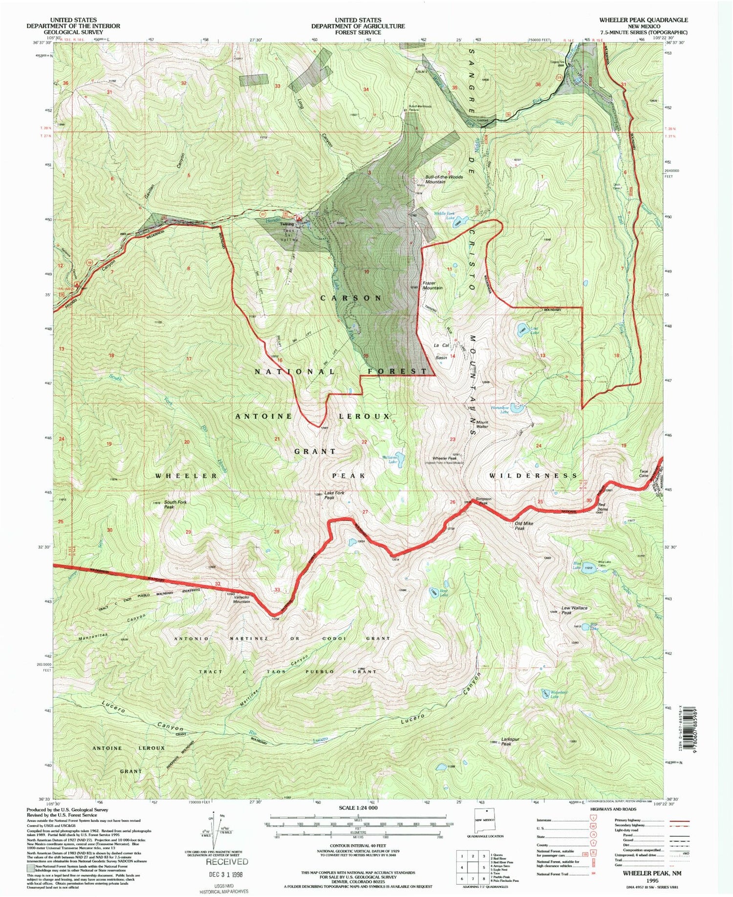 USGS Classic Wheeler Peak New Mexico 7.5'x7.5' Topo Map Image