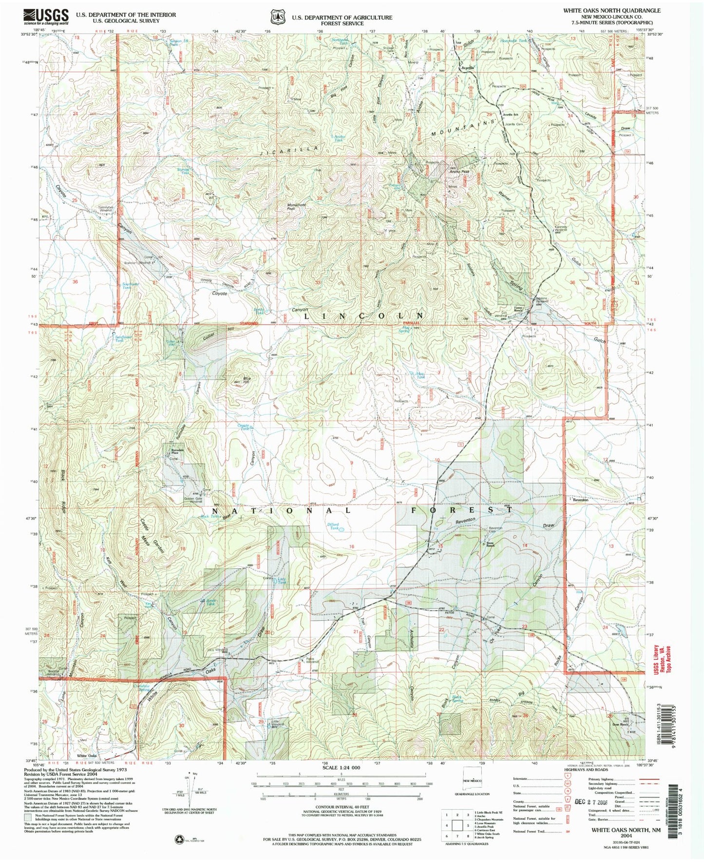 Classic USGS White Oaks North New Mexico 7.5'x7.5' Topo Map Image