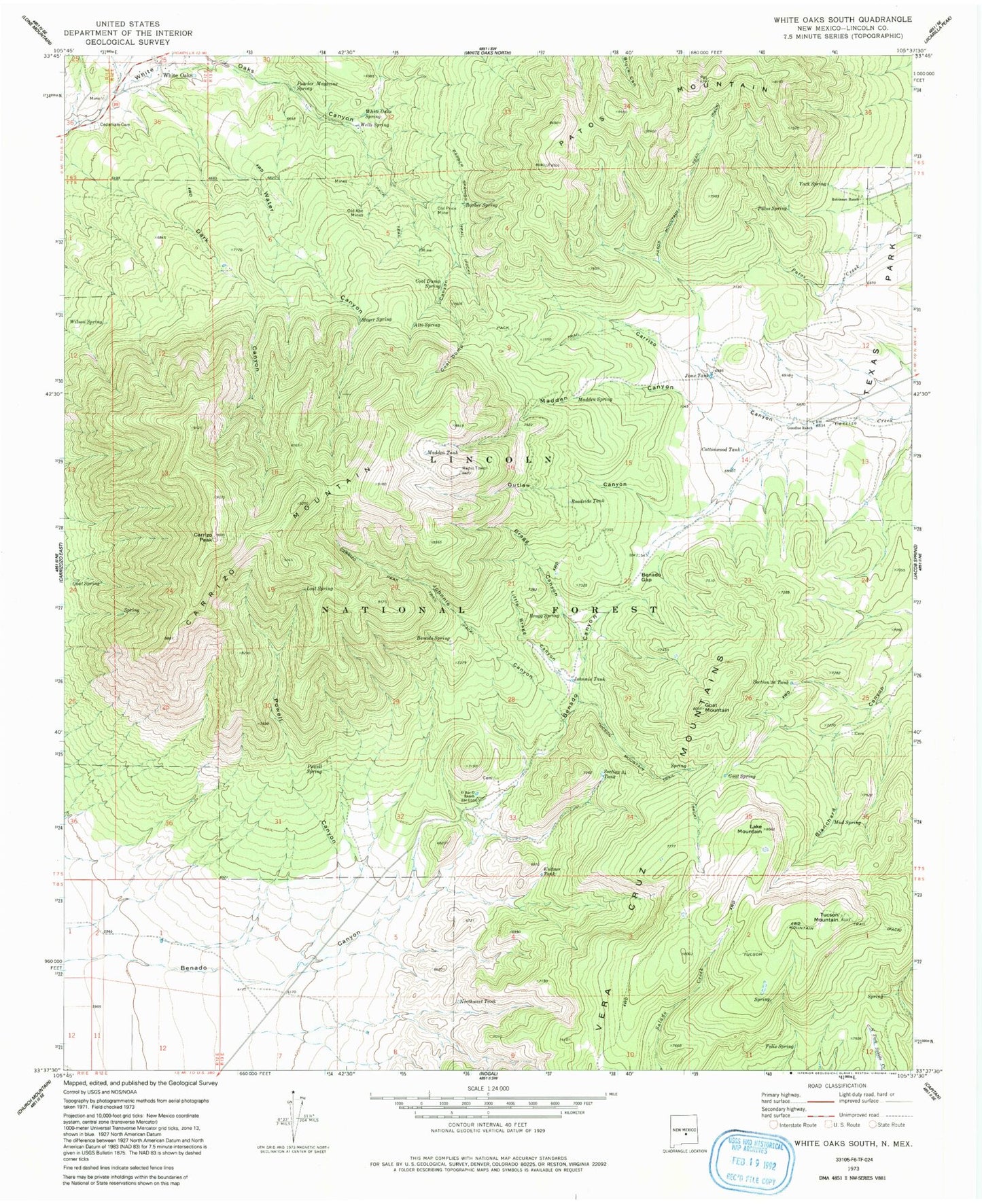 Classic USGS White Oaks South New Mexico 7.5'x7.5' Topo Map Image