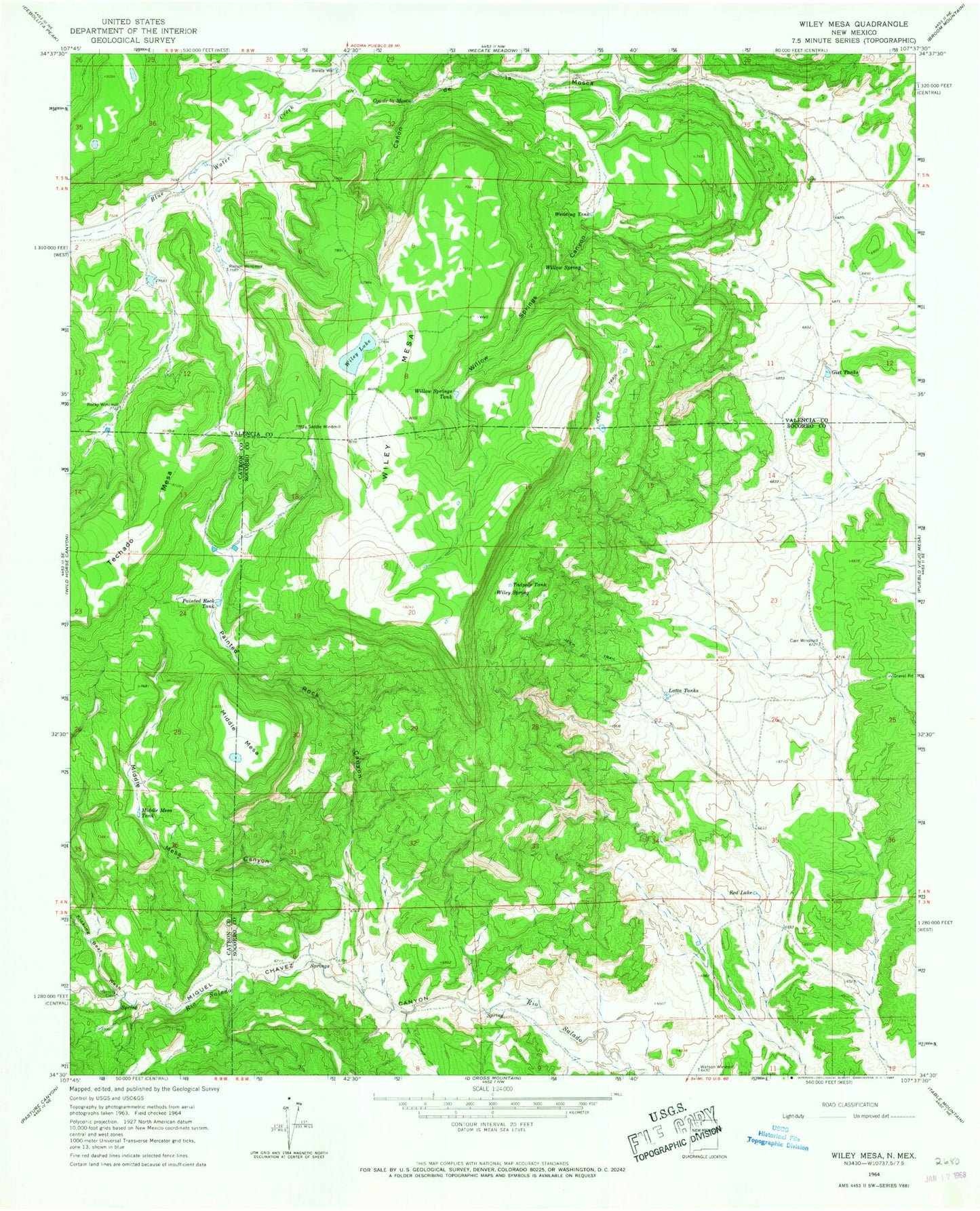 Classic USGS Wiley Mesa New Mexico 7.5'x7.5' Topo Map Image