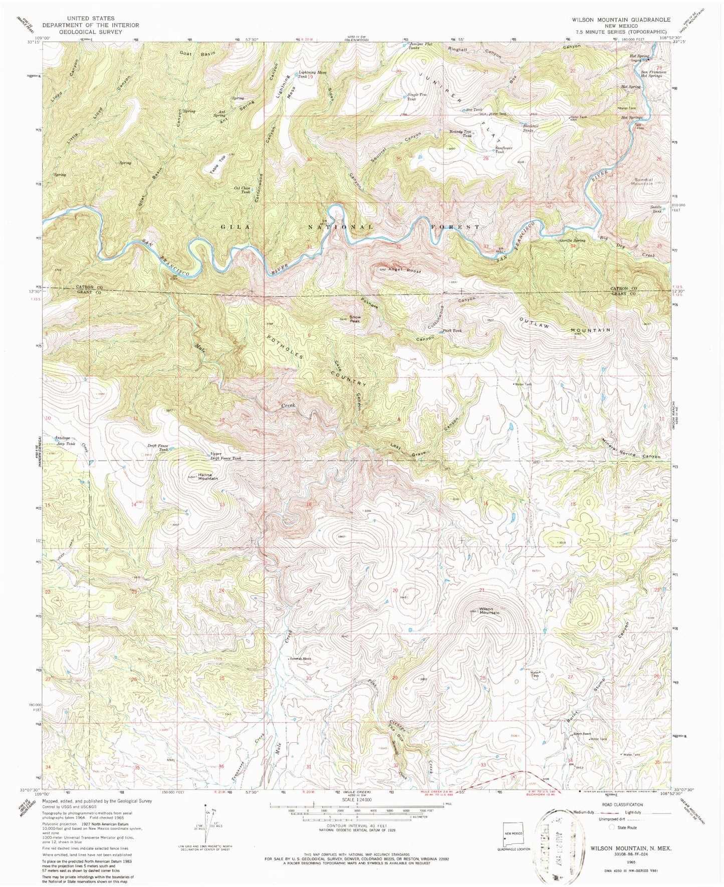 Classic USGS Wilson Mountain New Mexico 7.5'x7.5' Topo Map Image