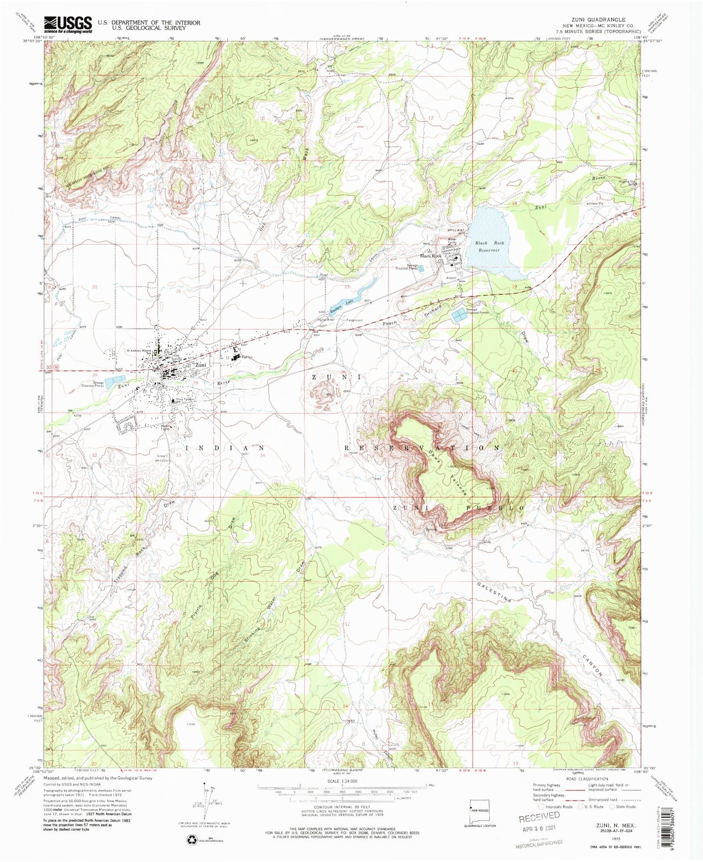 Classic USGS Zuni New Mexico 7.5'x7.5' Topo Map Image
