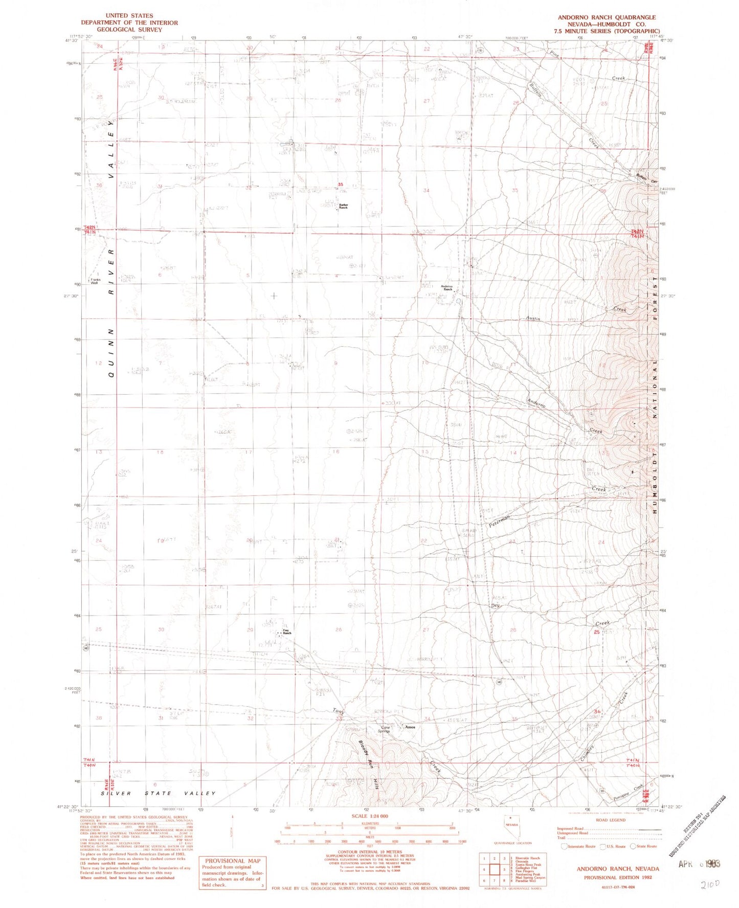 Classic USGS Andorno Ranch Nevada 7.5'x7.5' Topo Map Image