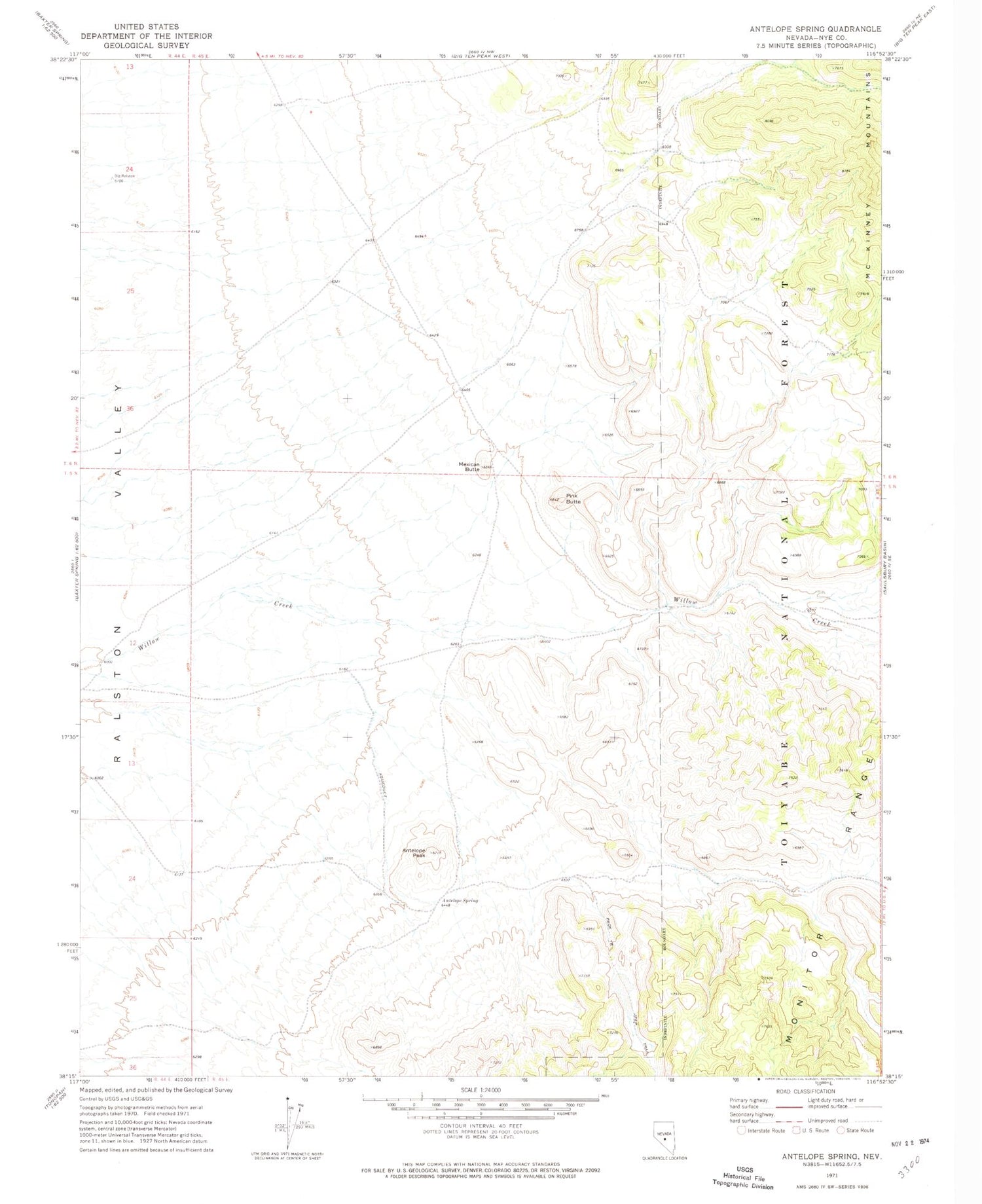 Classic USGS Antelope Spring Nevada 7.5'x7.5' Topo Map Image