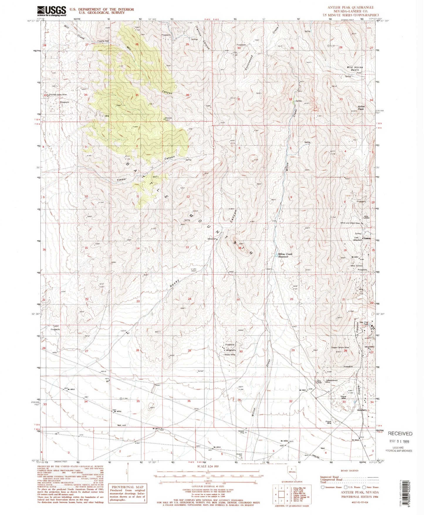 Classic USGS Antler Peak Nevada 7.5'x7.5' Topo Map Image