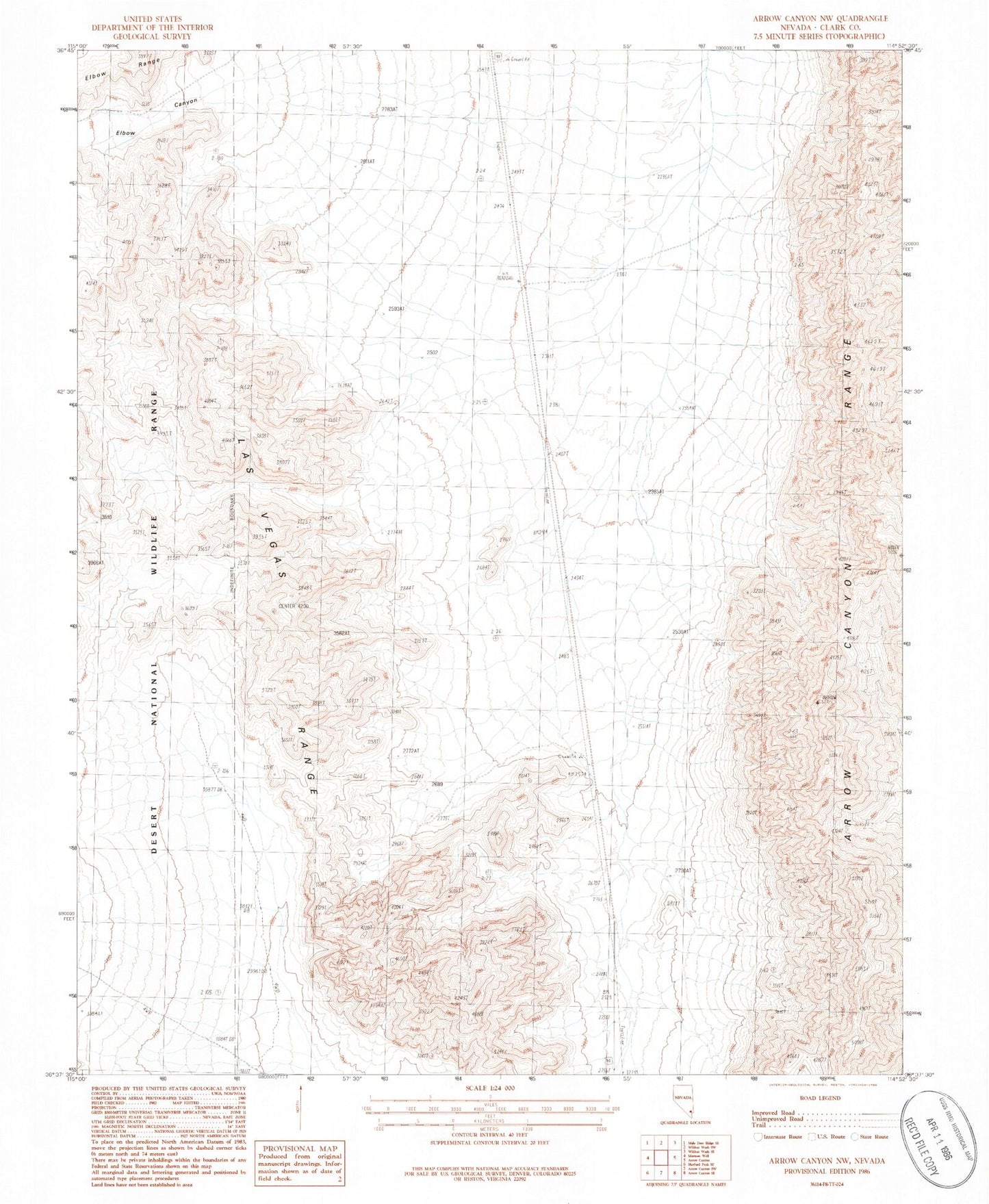 Classic USGS Arrow Canyon NW Nevada 7.5'x7.5' Topo Map Image