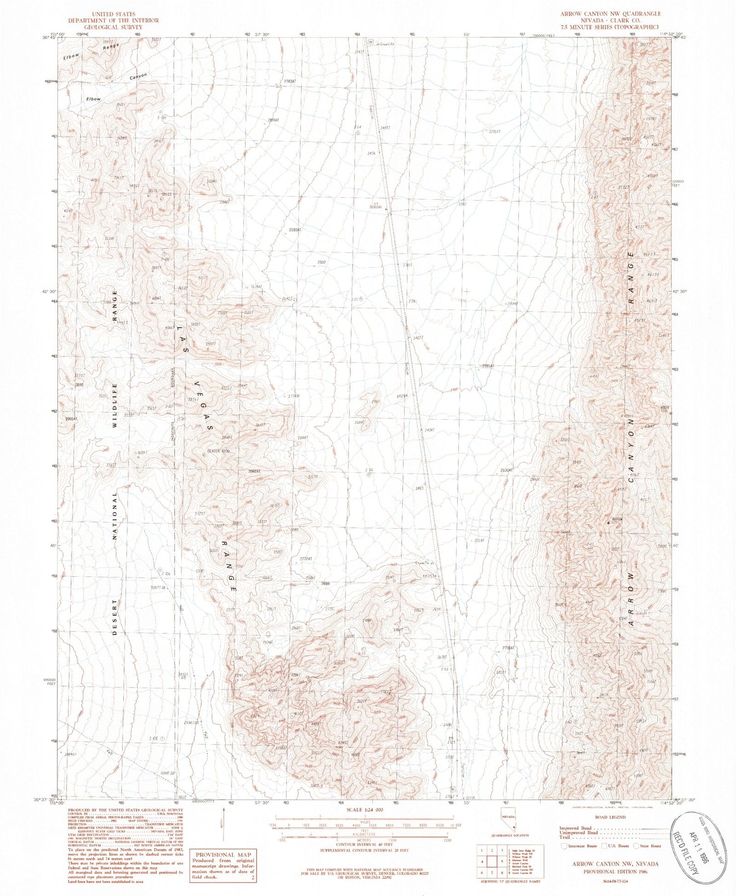 Classic USGS Arrow Canyon NW Nevada 7.5'x7.5' Topo Map Image