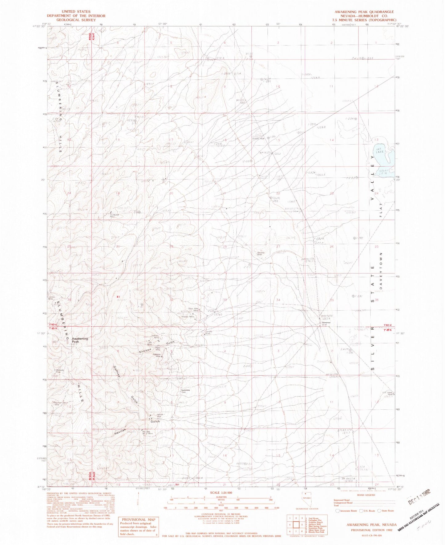 Classic USGS Awakening Peak Nevada 7.5'x7.5' Topo Map Image