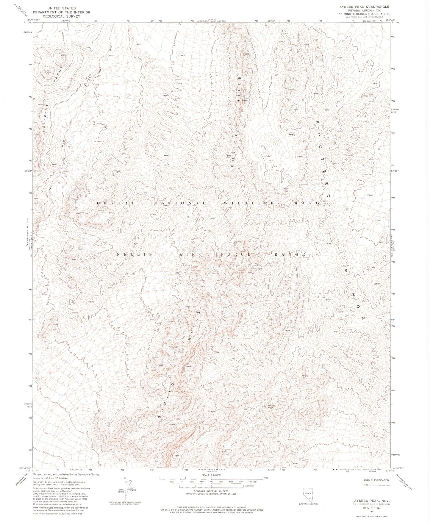Classic USGS Aysees Peak Nevada 7.5'x7.5' Topo Map Image