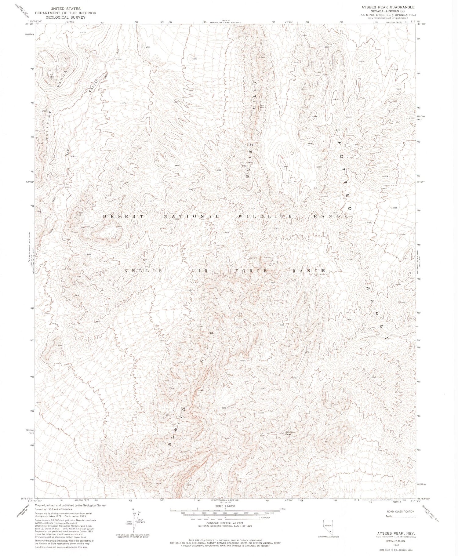 Classic USGS Aysees Peak Nevada 7.5'x7.5' Topo Map Image