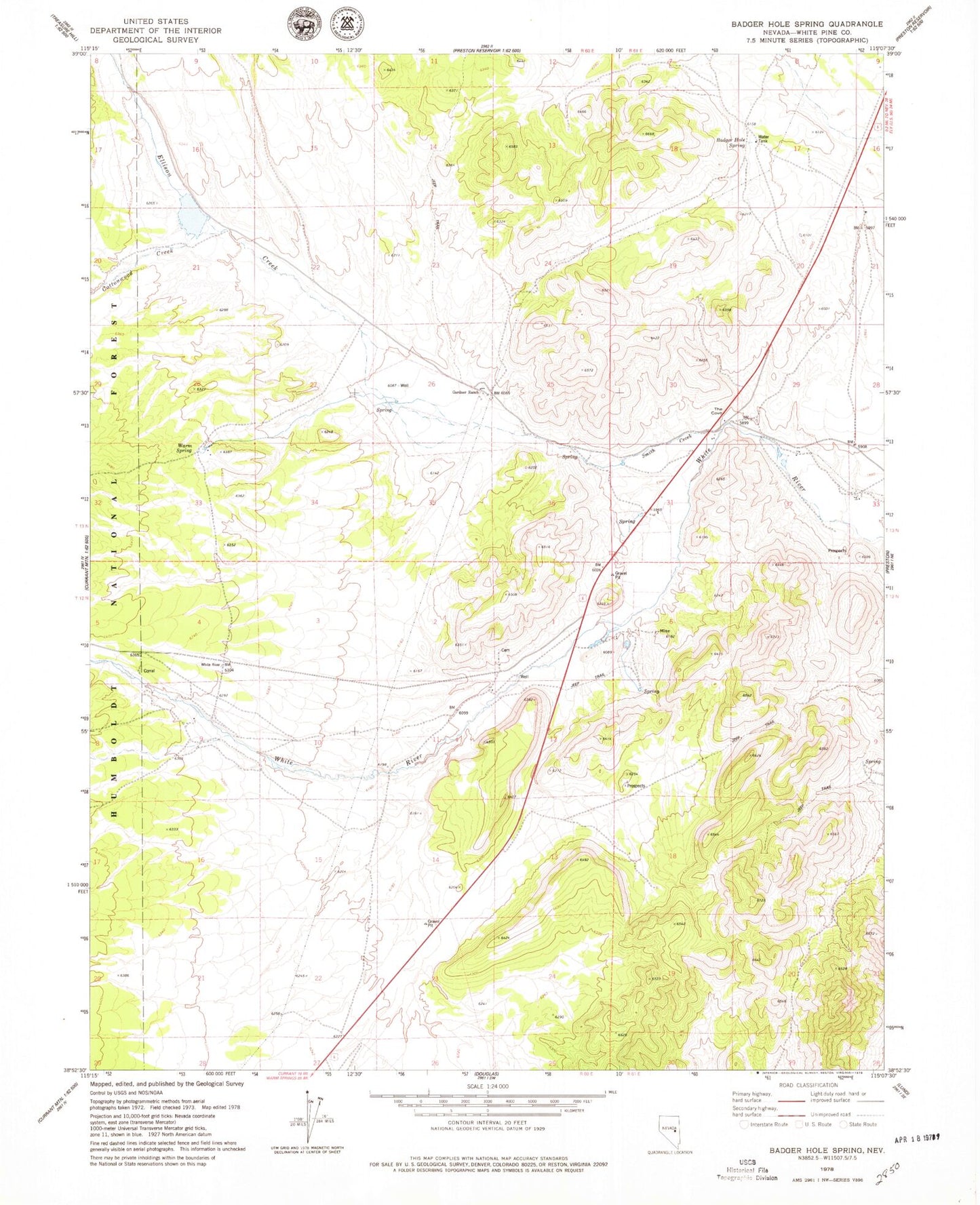 Classic USGS Badger Hole Spring Nevada 7.5'x7.5' Topo Map Image
