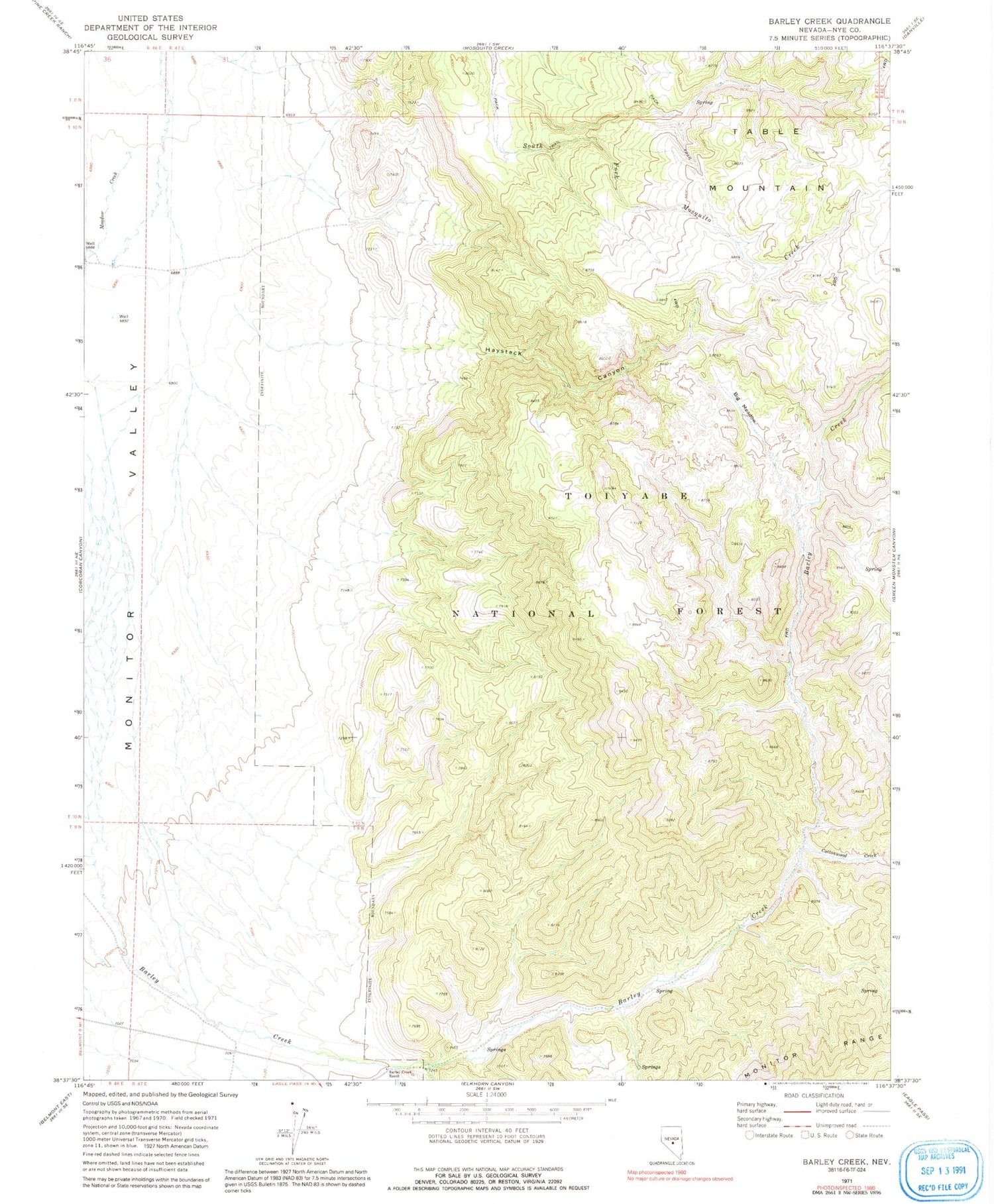 Classic USGS Barley Creek Nevada 7.5'x7.5' Topo Map Image