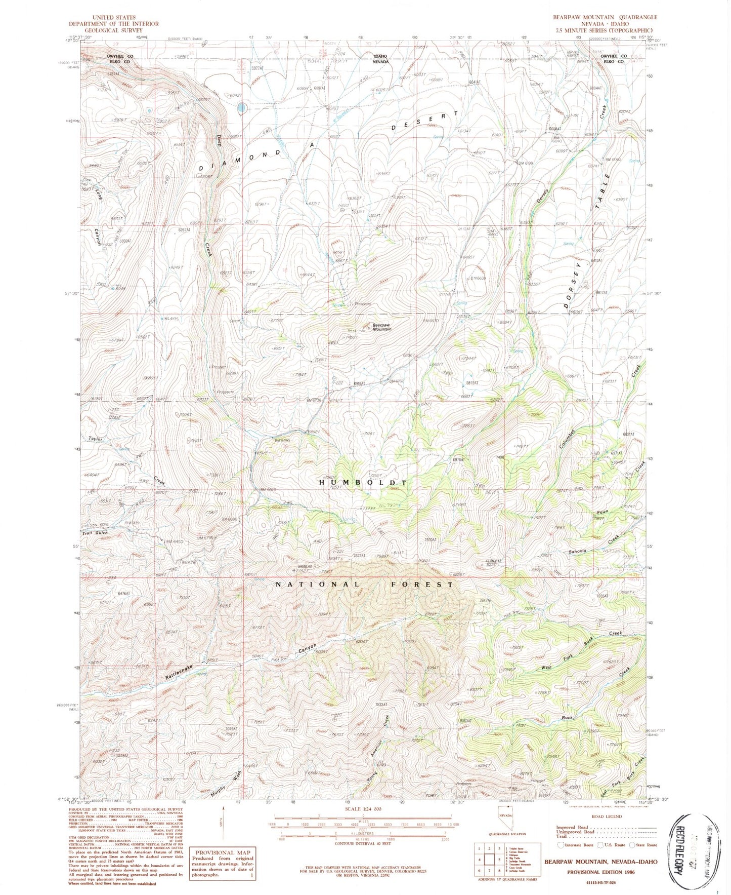 Classic USGS Bearpaw Mountain Nevada 7.5'x7.5' Topo Map Image