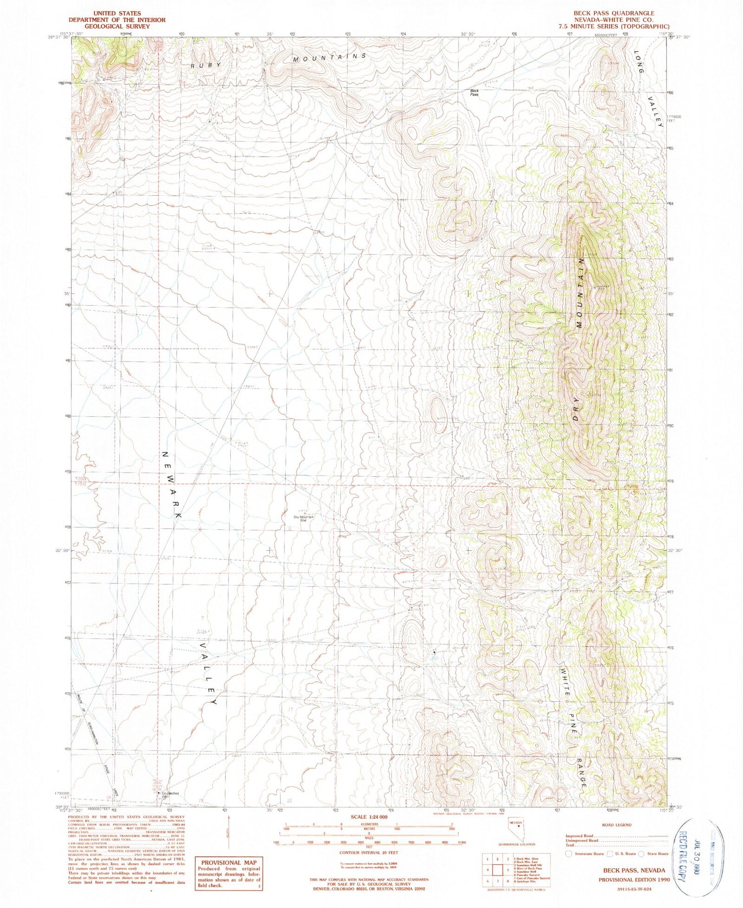 Classic USGS Beck Pass Nevada 7.5'x7.5' Topo Map Image
