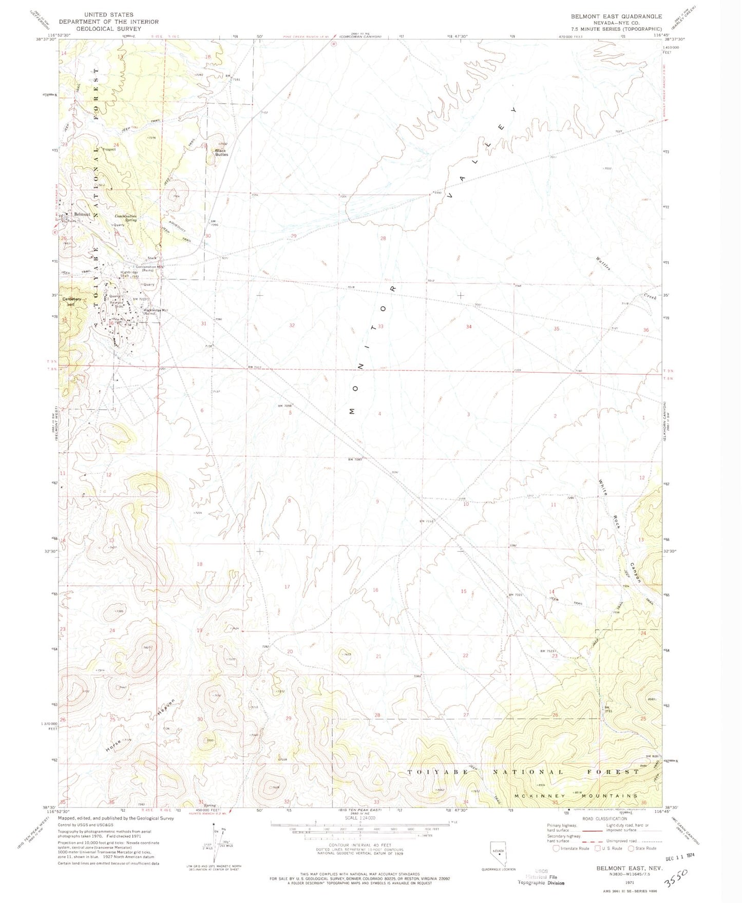 Classic USGS Belmont East Nevada 7.5'x7.5' Topo Map Image