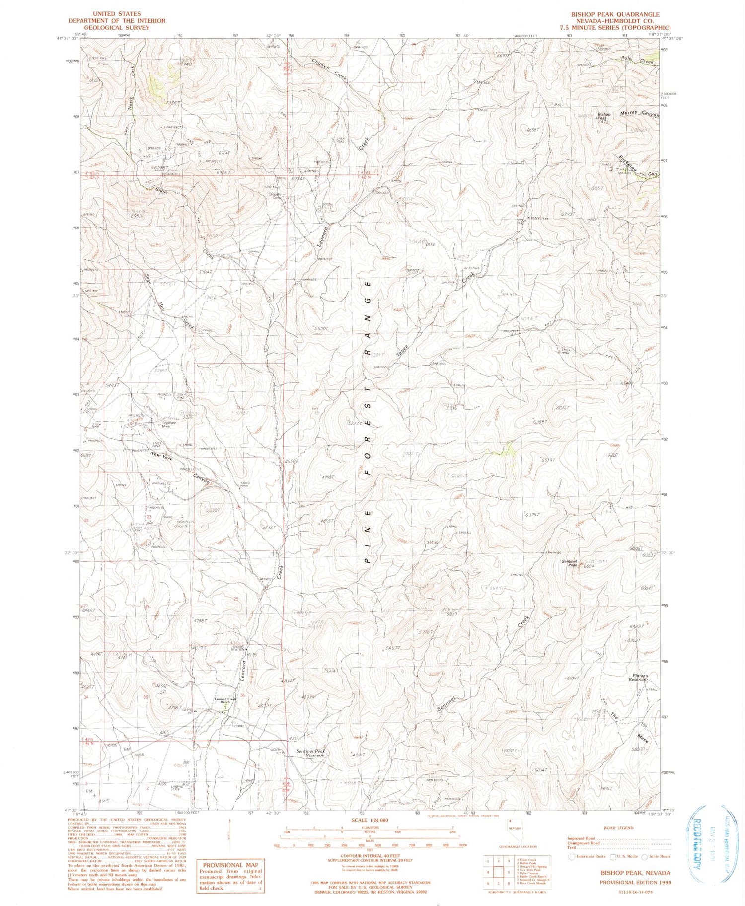 Classic USGS Bishop Peak Nevada 7.5'x7.5' Topo Map Image
