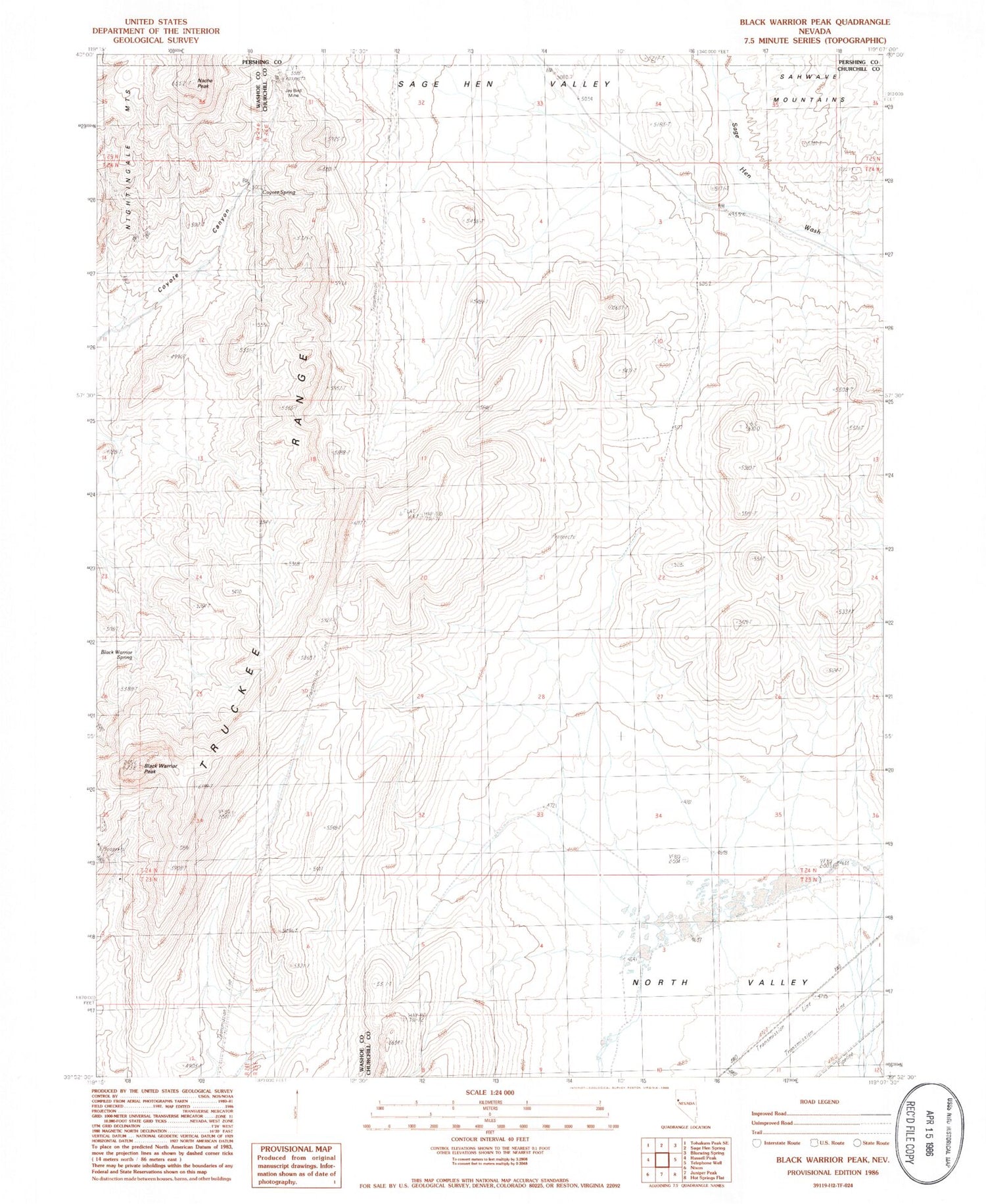 Classic USGS Black Warrior Peak Nevada 7.5'x7.5' Topo Map Image