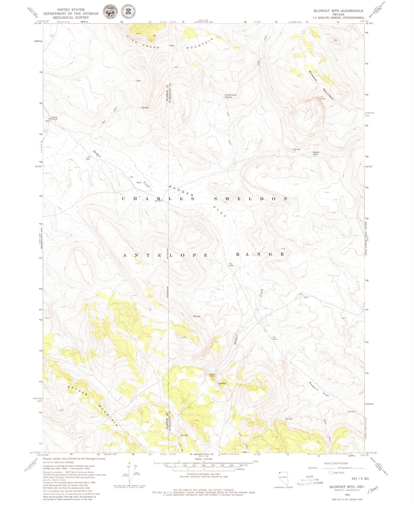 Classic USGS Blowout Mountain Nevada 7.5'x7.5' Topo Map Image