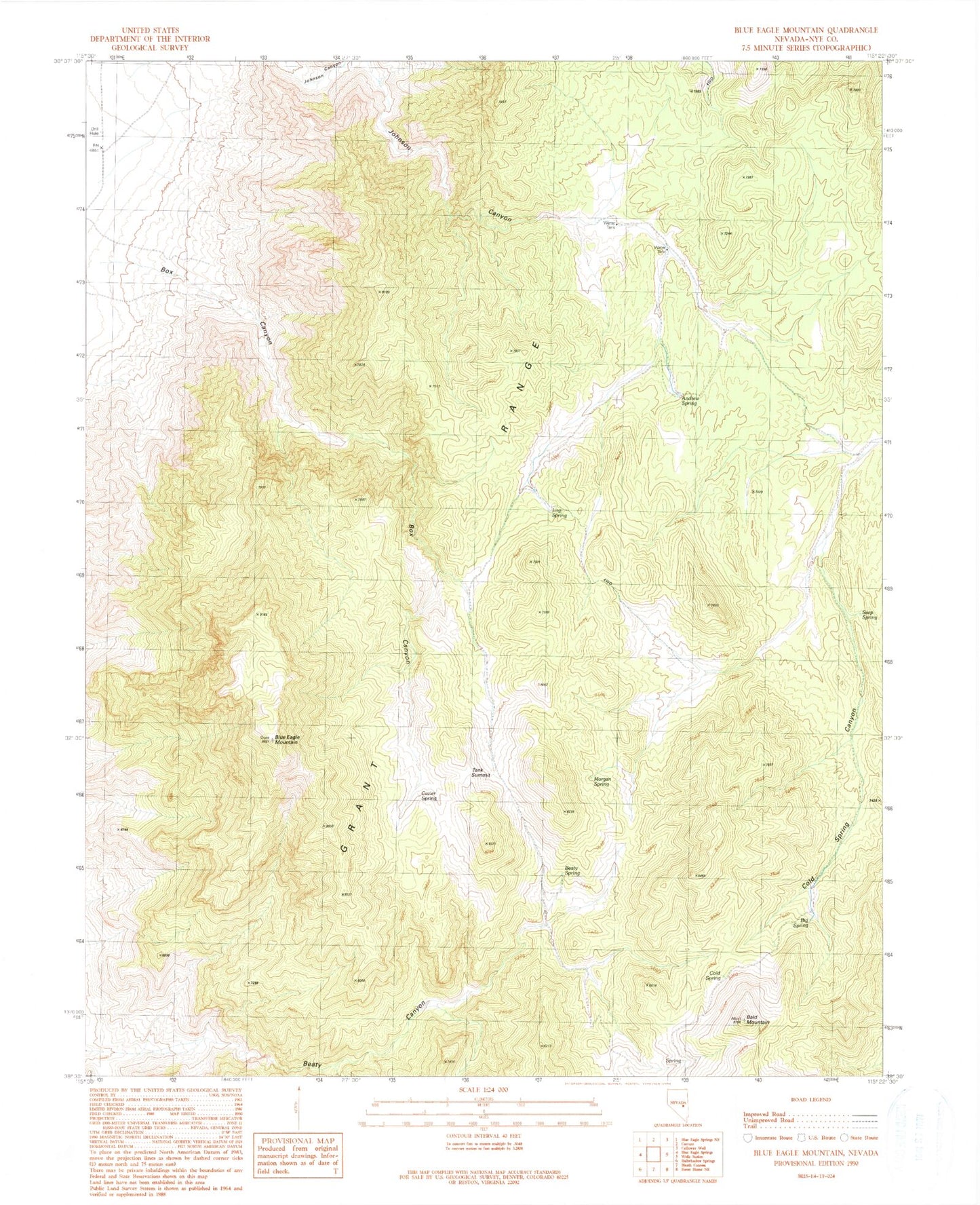 Classic USGS Blue Eagle Mountain Nevada 7.5'x7.5' Topo Map Image