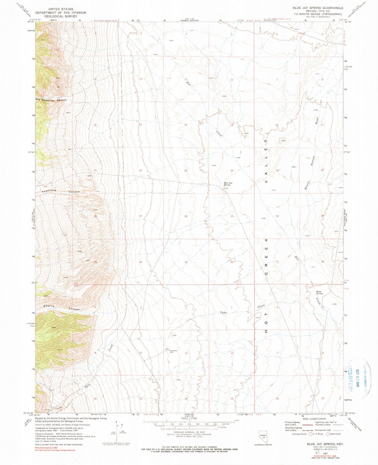 Classic USGS Blue Jay Spring Nevada 7.5'x7.5' Topo Map Image