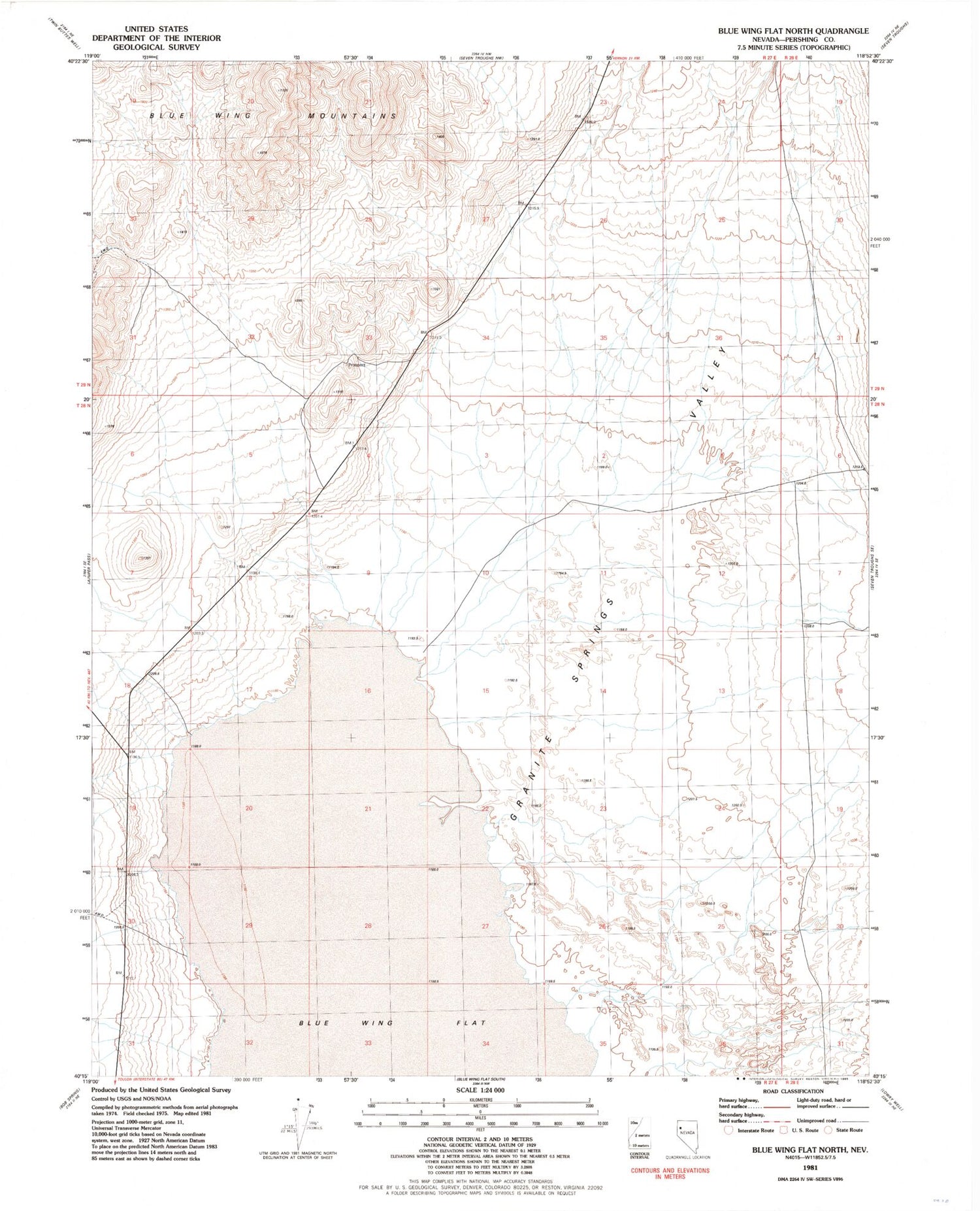 Classic USGS Blue Wing Flat North Nevada 7.5'x7.5' Topo Map Image