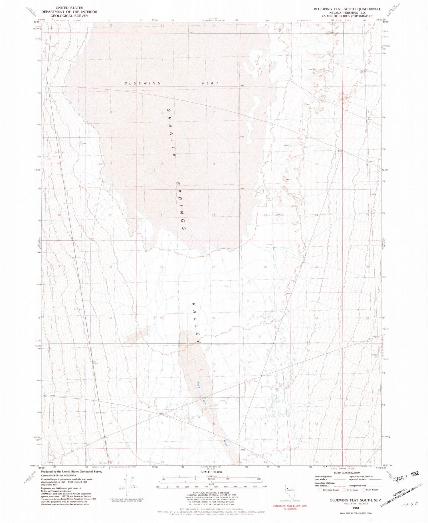 Classic USGS Blue Wing Flat South Nevada 7.5'x7.5' Topo Map Image