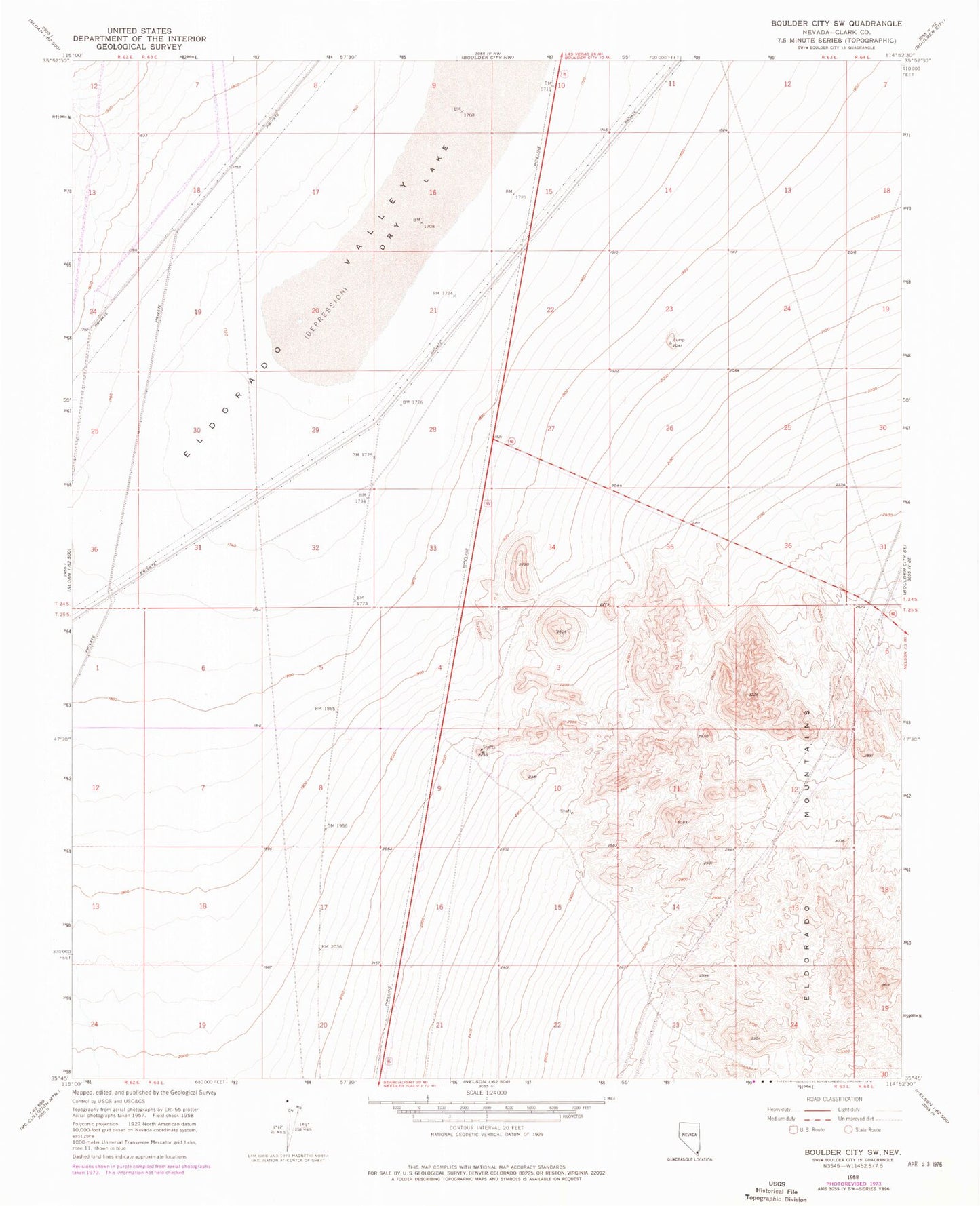 Classic USGS Boulder City SW Nevada 7.5'x7.5' Topo Map Image
