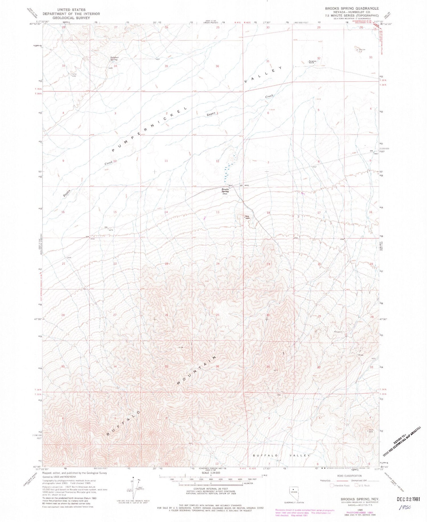 Classic USGS Brooks Spring Nevada 7.5'x7.5' Topo Map Image