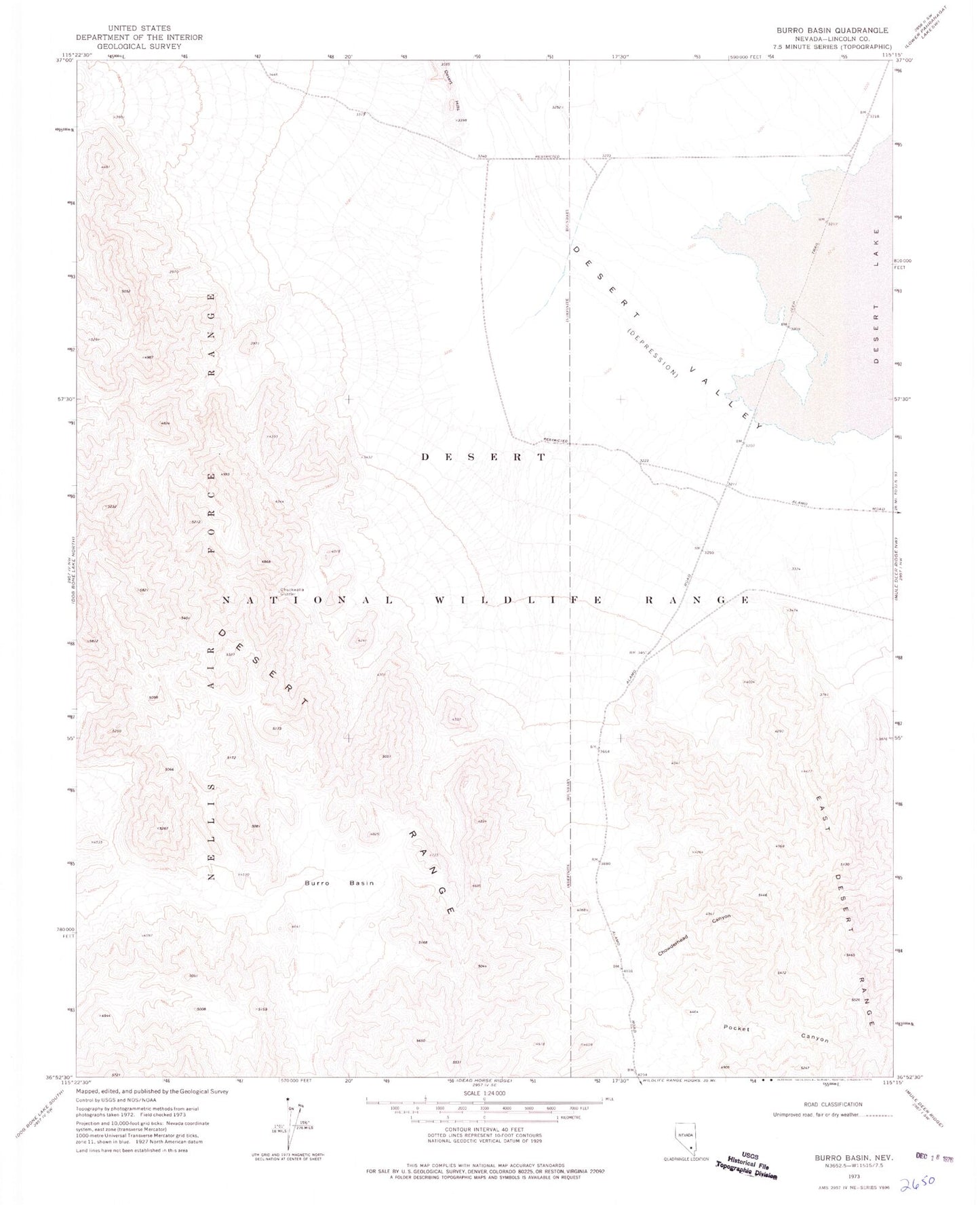 Classic USGS Burro Basin Nevada 7.5'x7.5' Topo Map Image