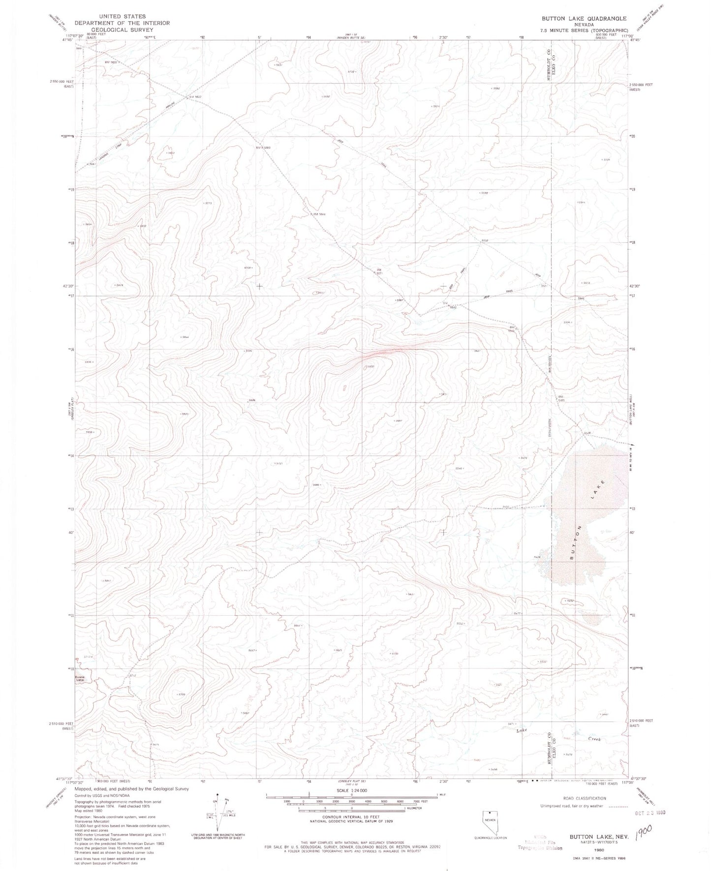 Classic USGS Button Lake Nevada 7.5'x7.5' Topo Map Image