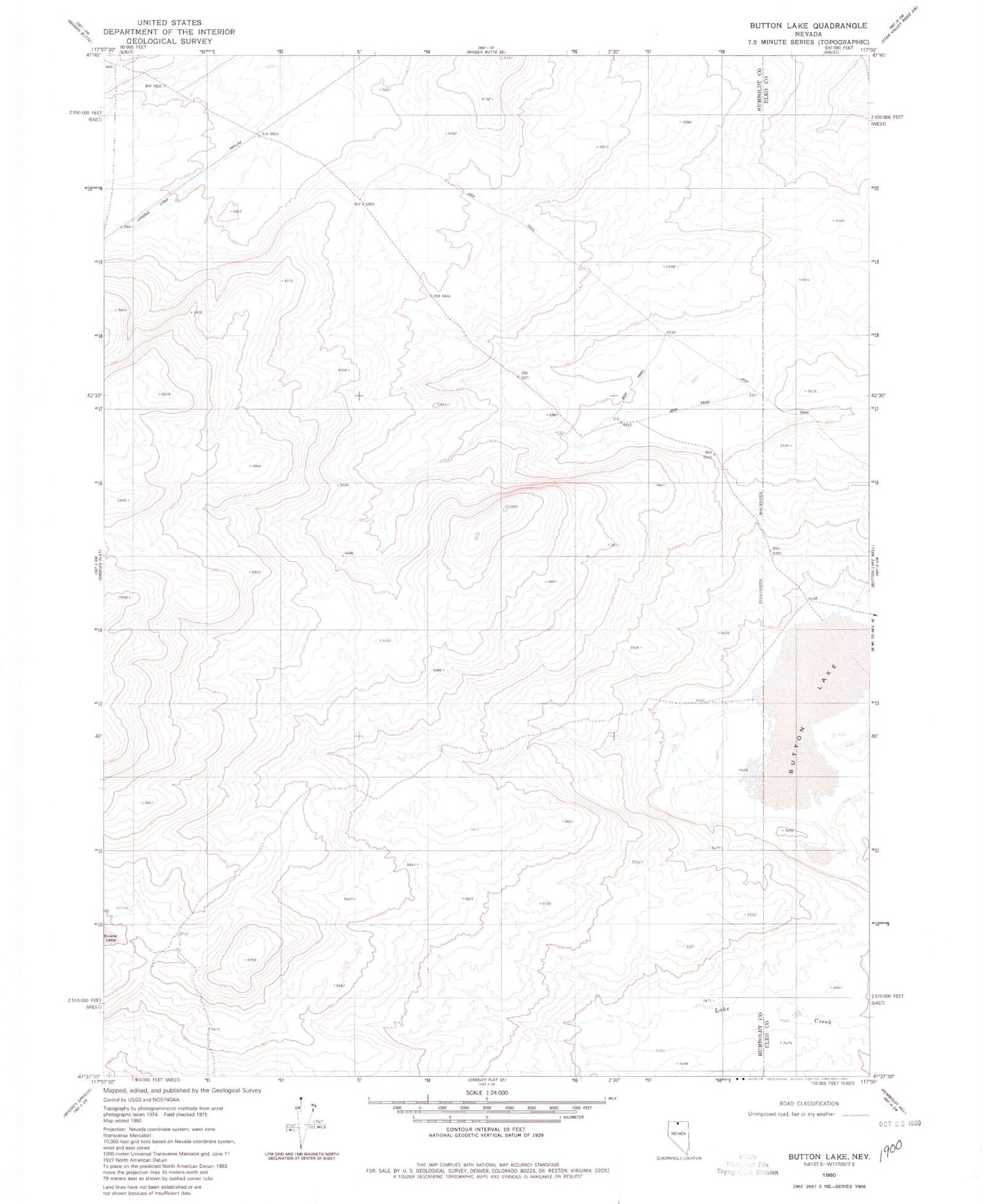 Classic USGS Button Lake Nevada 7.5'x7.5' Topo Map Image