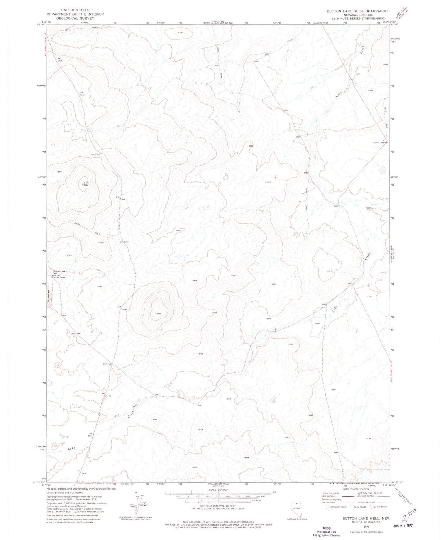 Classic USGS Button Lake Well Nevada 7.5'x7.5' Topo Map Image