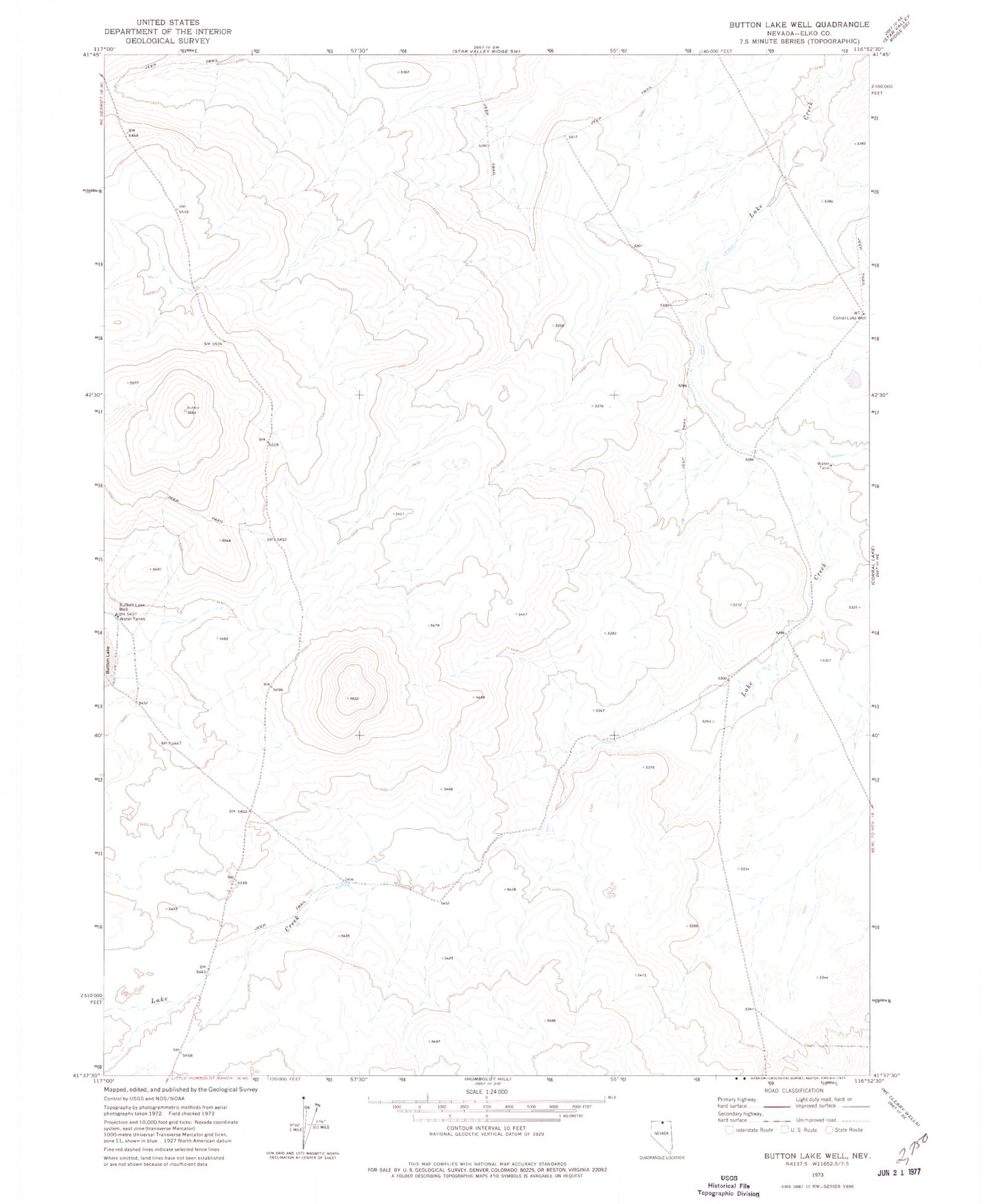 Classic USGS Button Lake Well Nevada 7.5'x7.5' Topo Map Image
