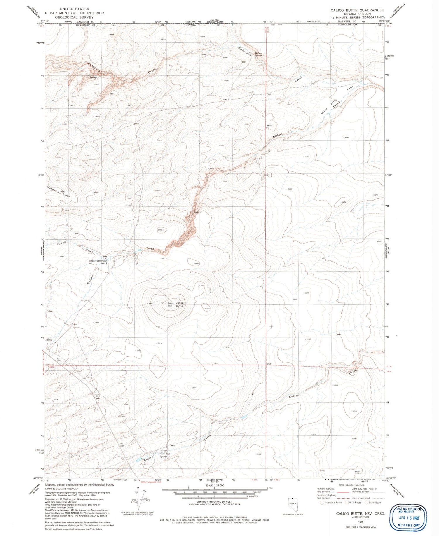 Classic USGS Calico Butte Nevada 7.5'x7.5' Topo Map Image