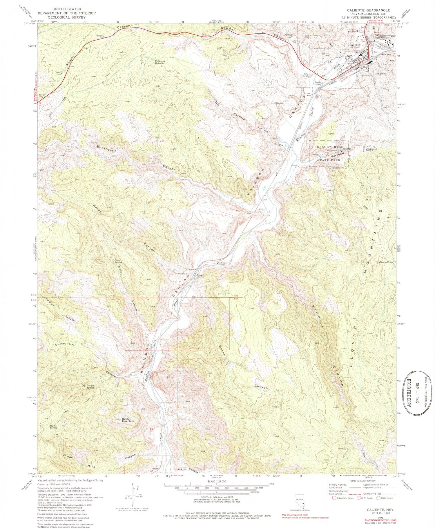 Classic USGS Caliente Nevada 7.5'x7.5' Topo Map Image