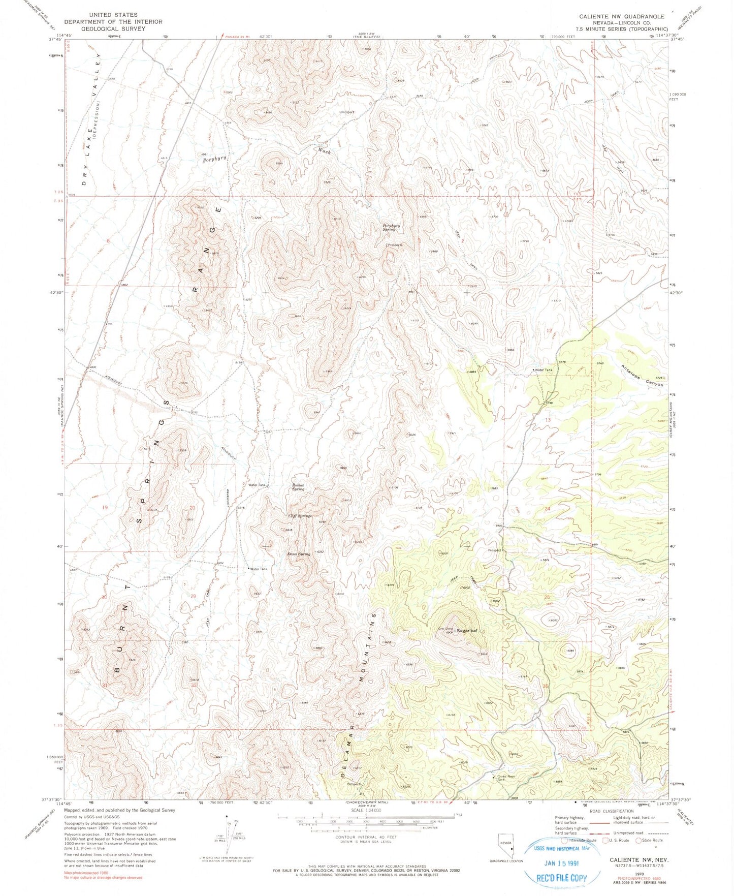 Classic USGS Caliente NW Nevada 7.5'x7.5' Topo Map Image