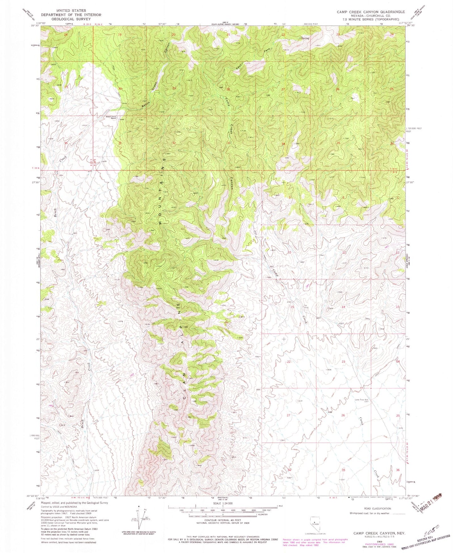 Classic USGS Camp Creek Canyon Nevada 7.5'x7.5' Topo Map Image