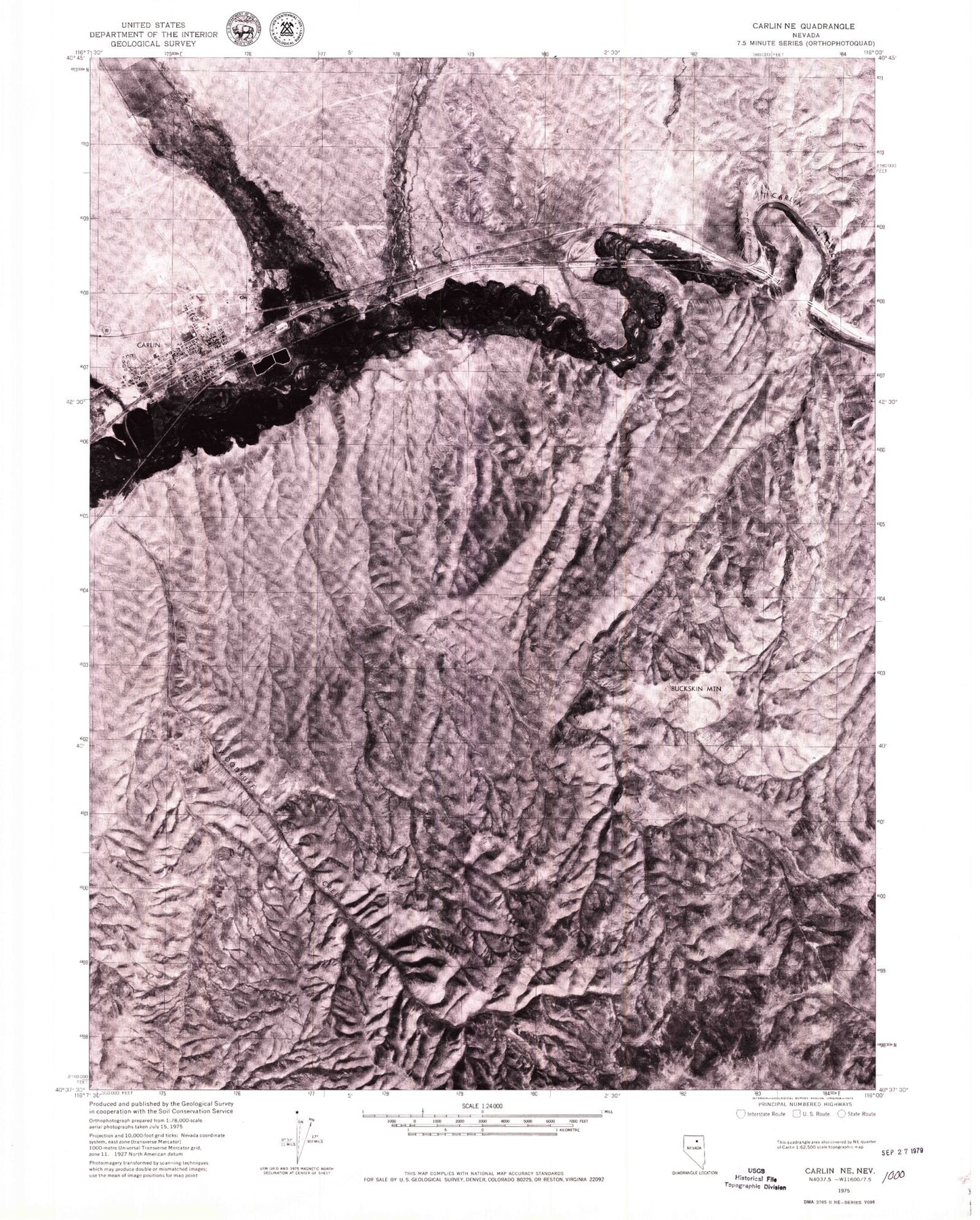 Classic USGS Carlin East Nevada 7.5'x7.5' Topo Map Image