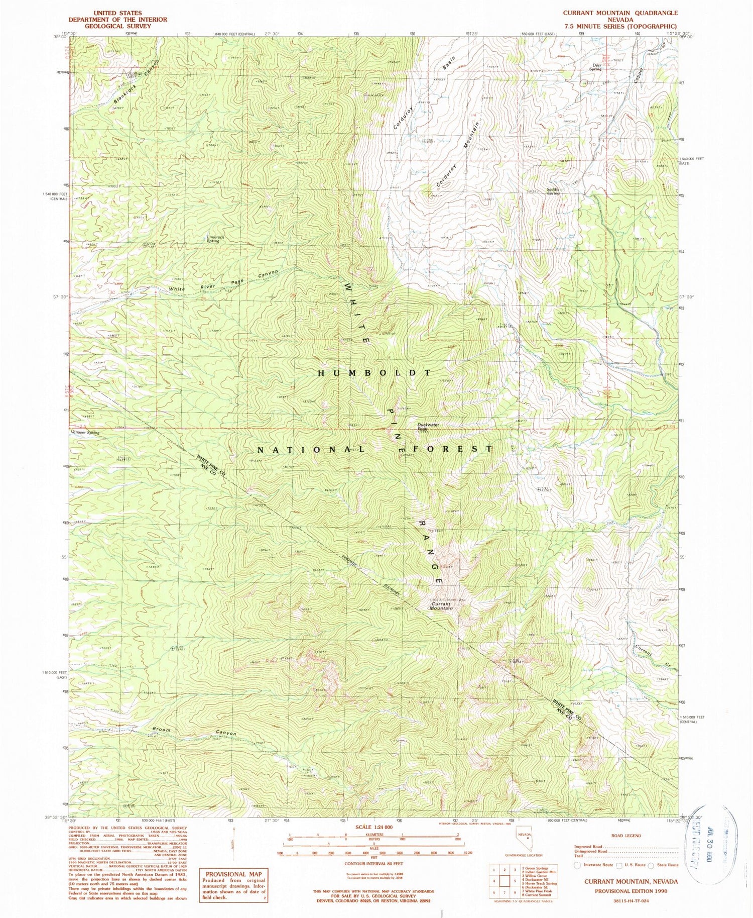 Classic USGS Currant Mountain Nevada 7.5'x7.5' Topo Map Image