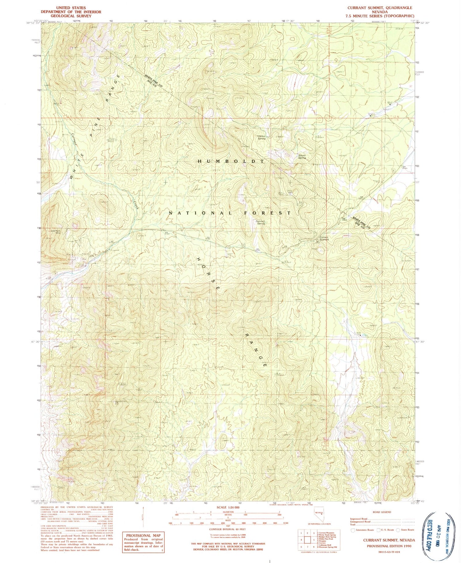 Classic USGS Currant Summit Nevada 7.5'x7.5' Topo Map Image