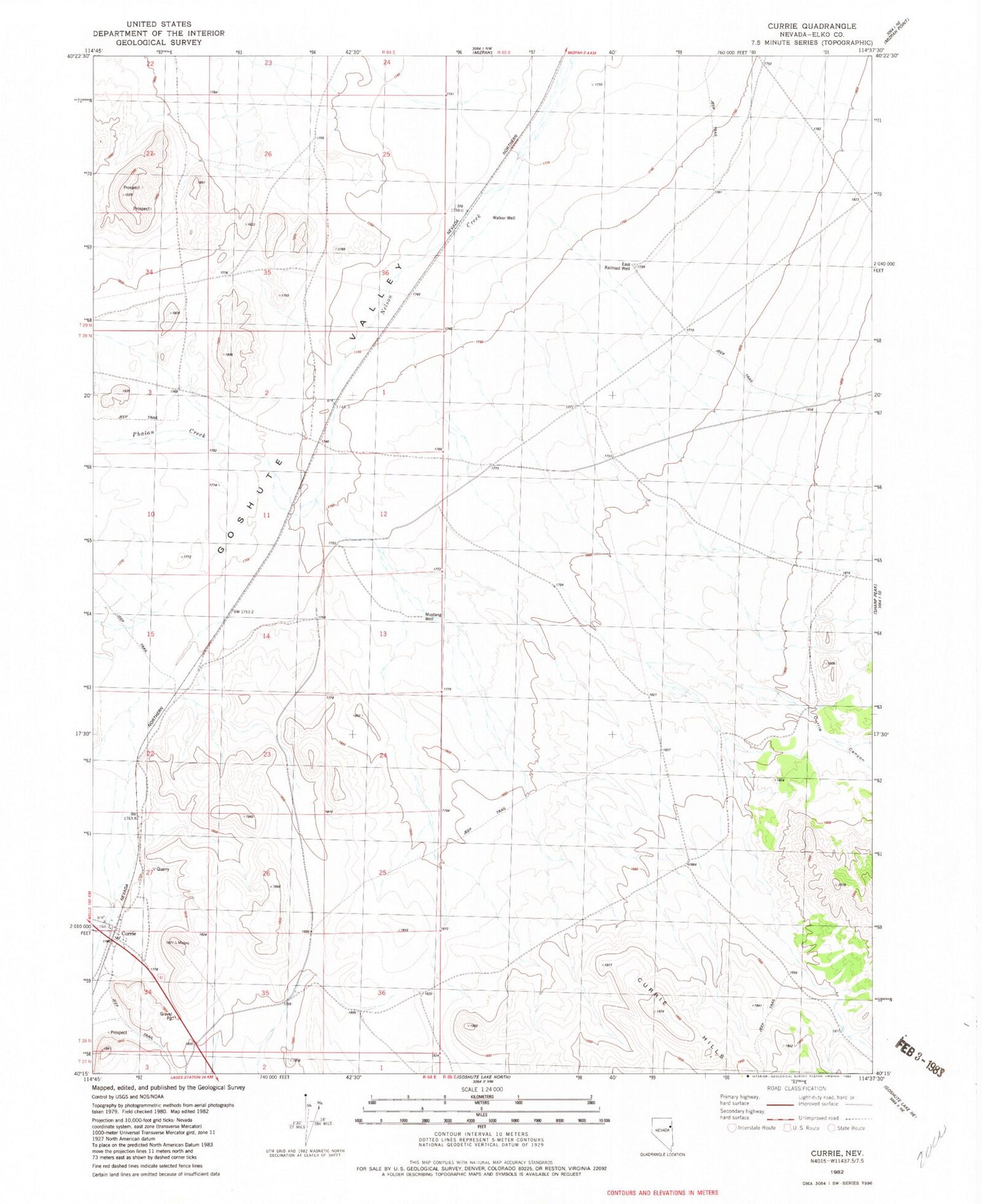 Classic USGS Currie Nevada 7.5'x7.5' Topo Map Image