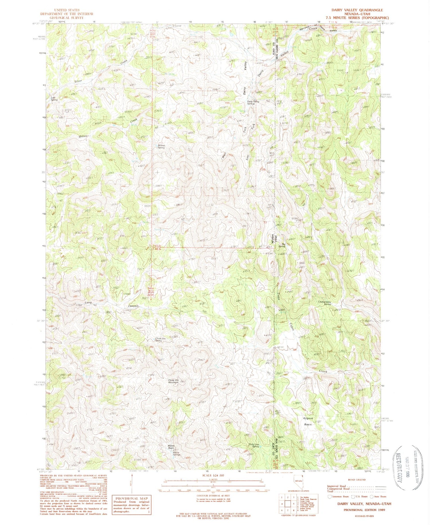 Classic USGS Dairy Valley Nevada 7.5'x7.5' Topo Map Image