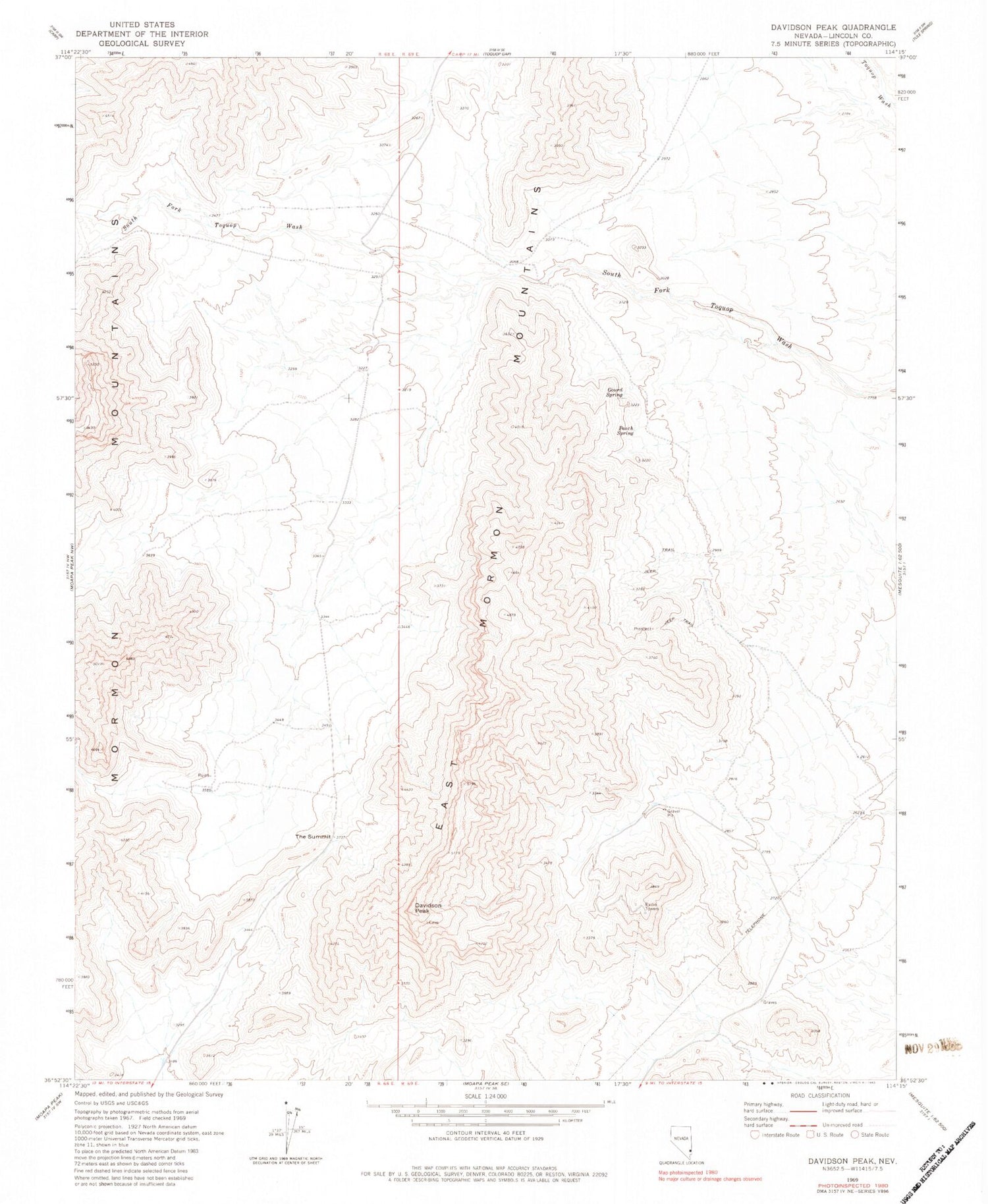 Classic USGS Davidson Peak Nevada 7.5'x7.5' Topo Map Image
