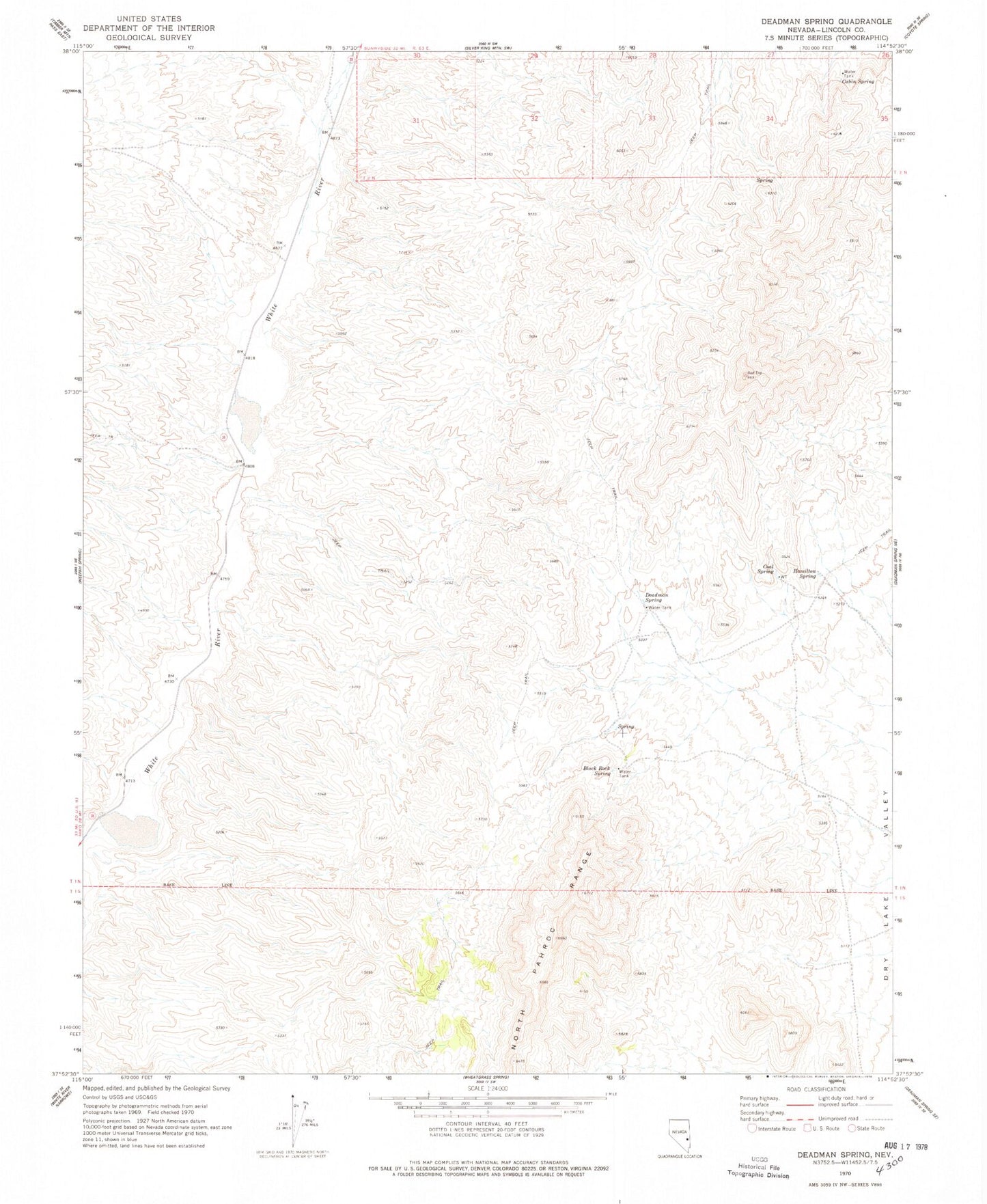 Classic USGS Deadman Spring Nevada 7.5'x7.5' Topo Map Image