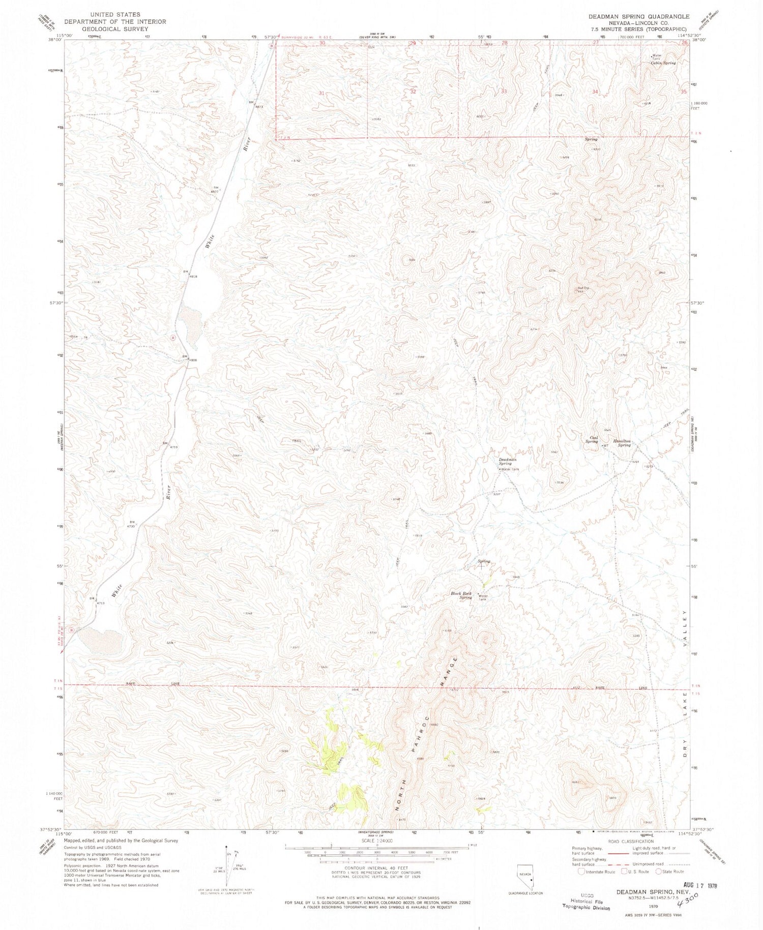 Classic USGS Deadman Spring Nevada 7.5'x7.5' Topo Map Image