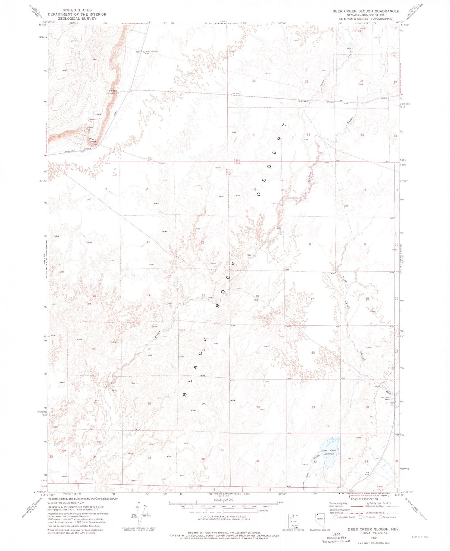 Classic USGS Deer Creek Slough Nevada 7.5'x7.5' Topo Map Image