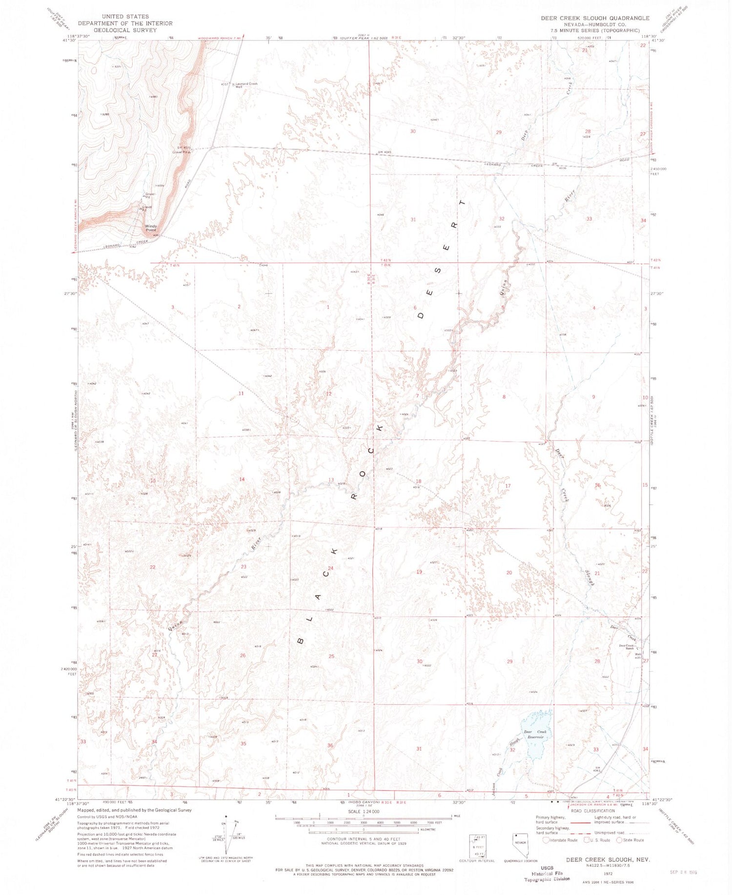 Classic USGS Deer Creek Slough Nevada 7.5'x7.5' Topo Map Image