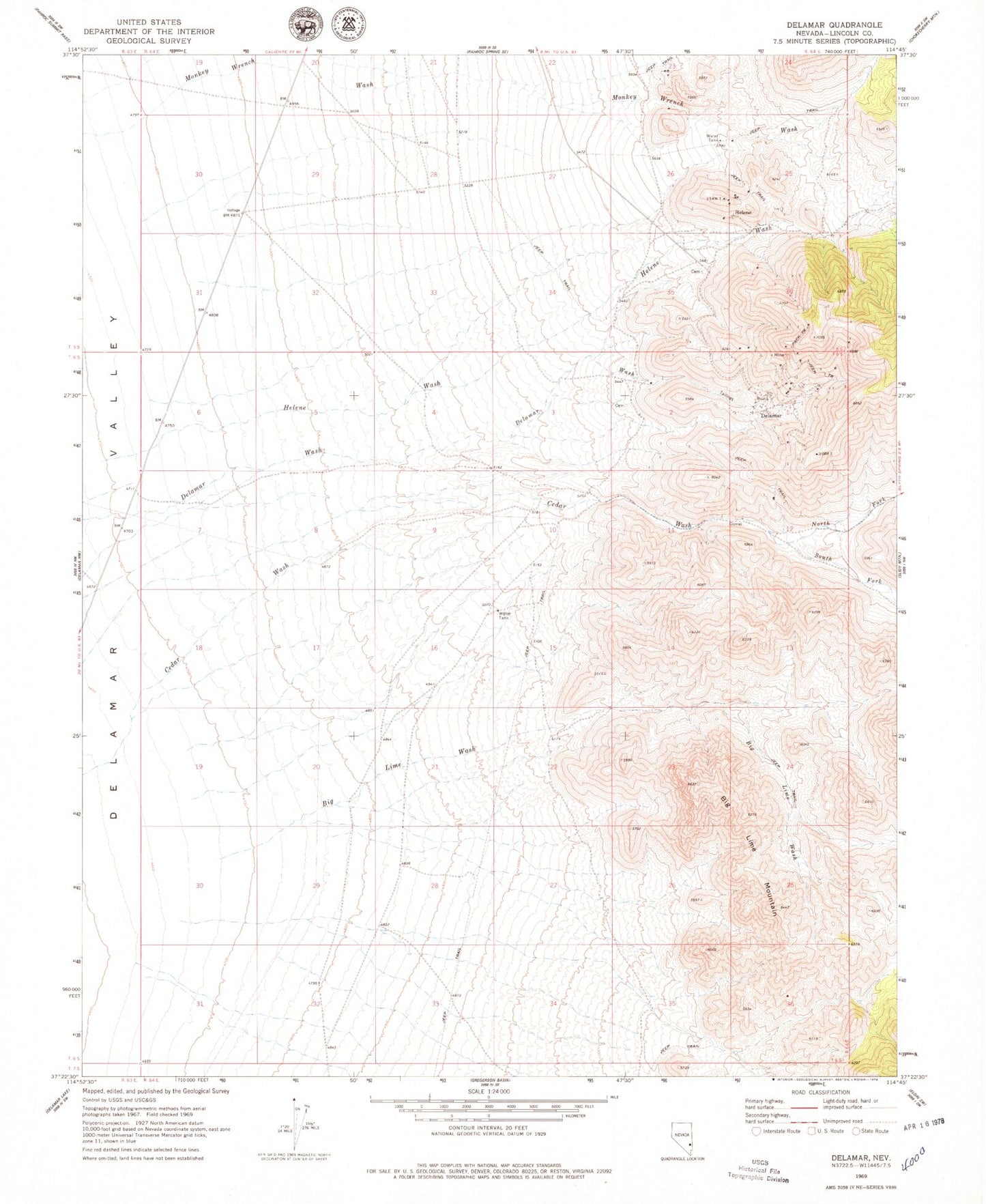 Classic USGS Delamar Nevada 7.5'x7.5' Topo Map Image