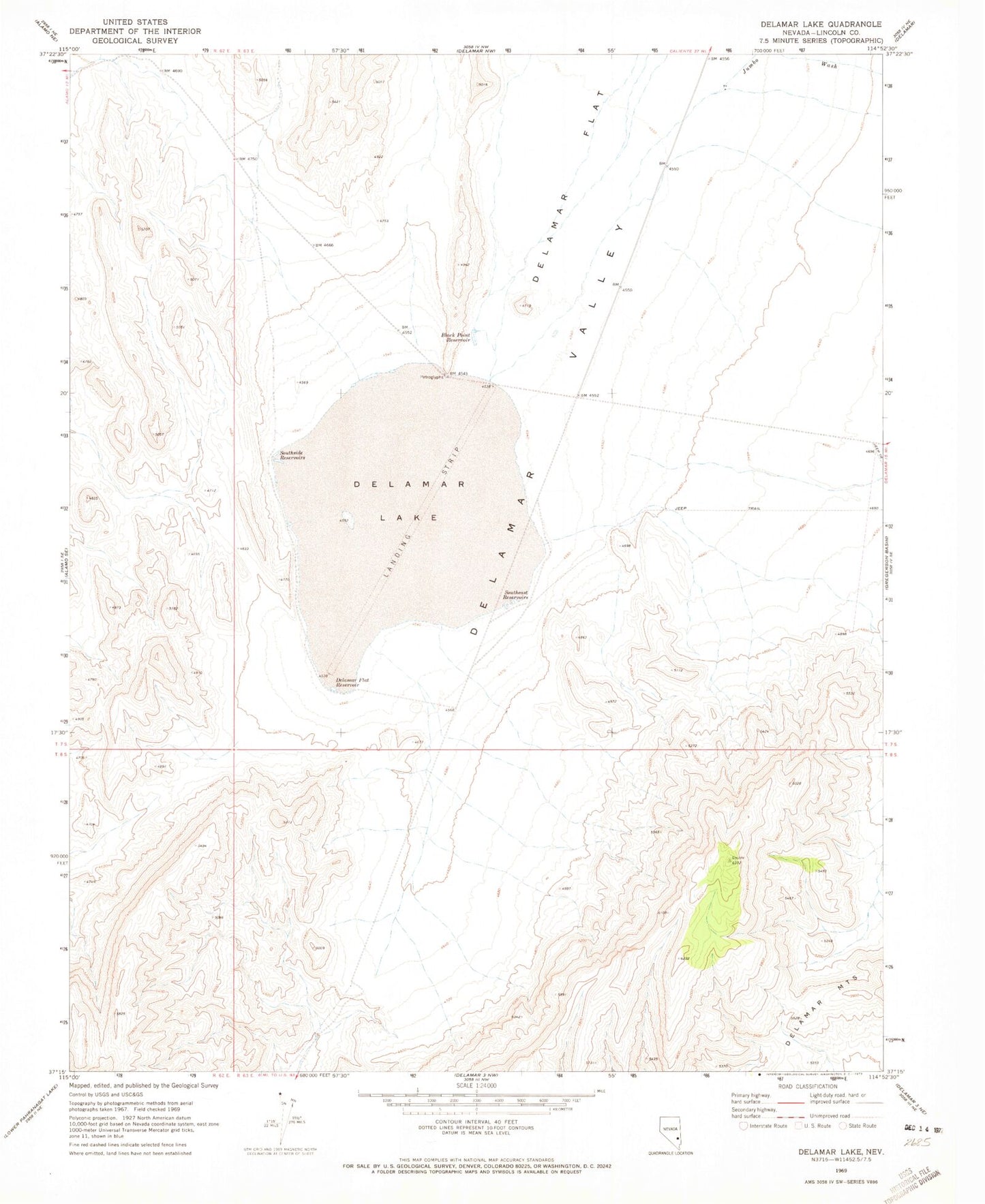 Classic USGS Delamar Lake Nevada 7.5'x7.5' Topo Map Image