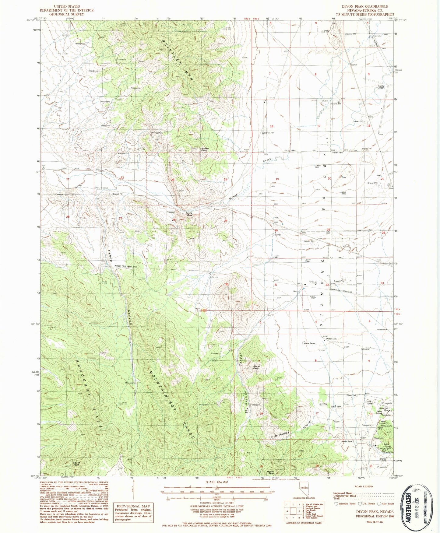 Classic USGS Devon Peak Nevada 7.5'x7.5' Topo Map Image
